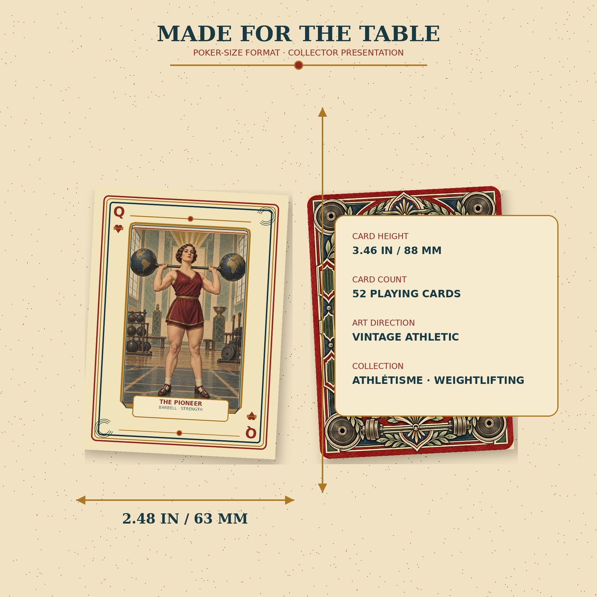 Athlétisme Queen of Hearts and illustrated card back showing the poker-card dimensions of 2.48 by 3.46 inches and a 52-card deck.