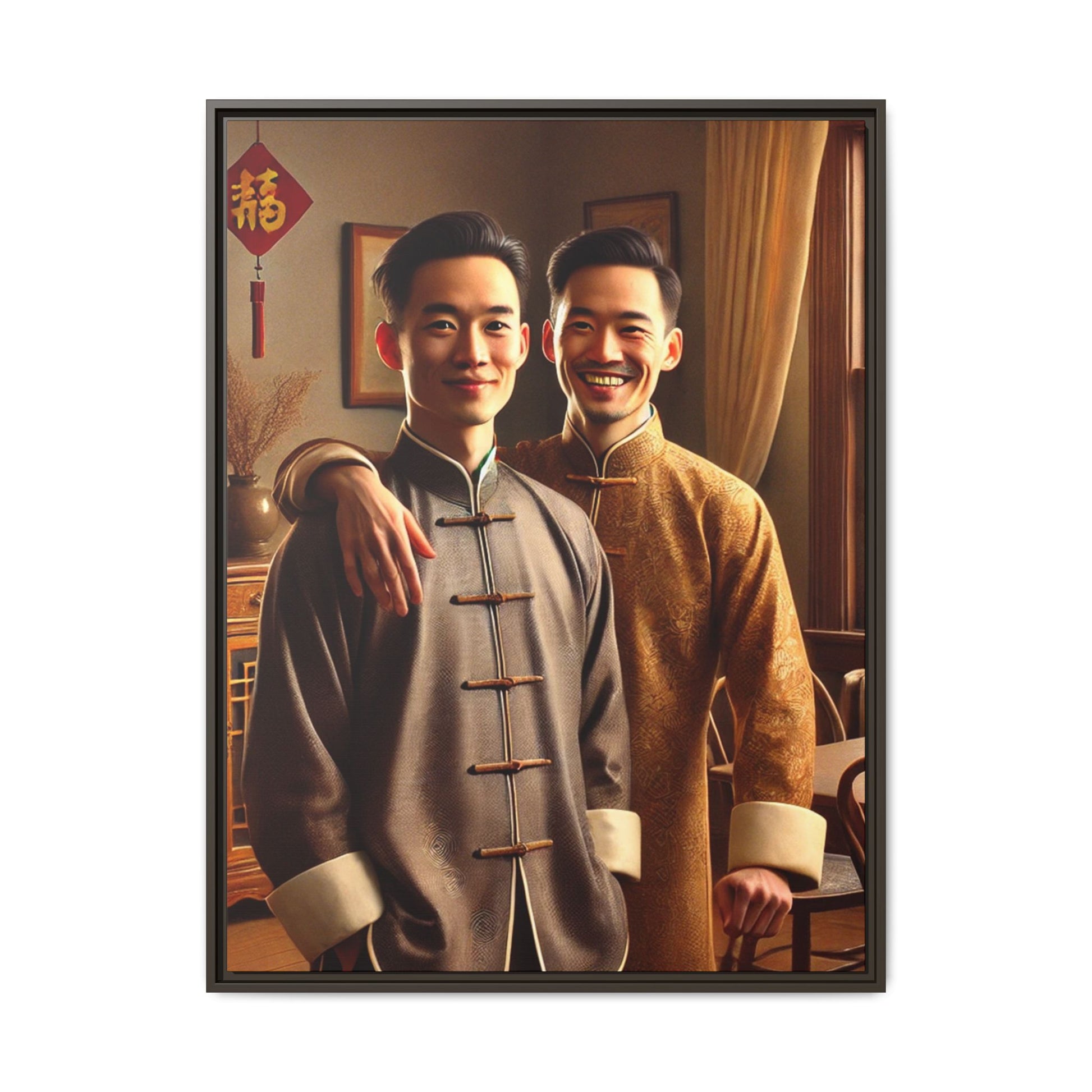 Artwork featuring a joyful portrait of a Chinese queer couple celebrating Chinese New Year in traditional attire. Set in a cozy American home adorned with subtle decorations, this image captures love, cultural pride, and warmth, blending Chinese heritage with a Midwestern setting