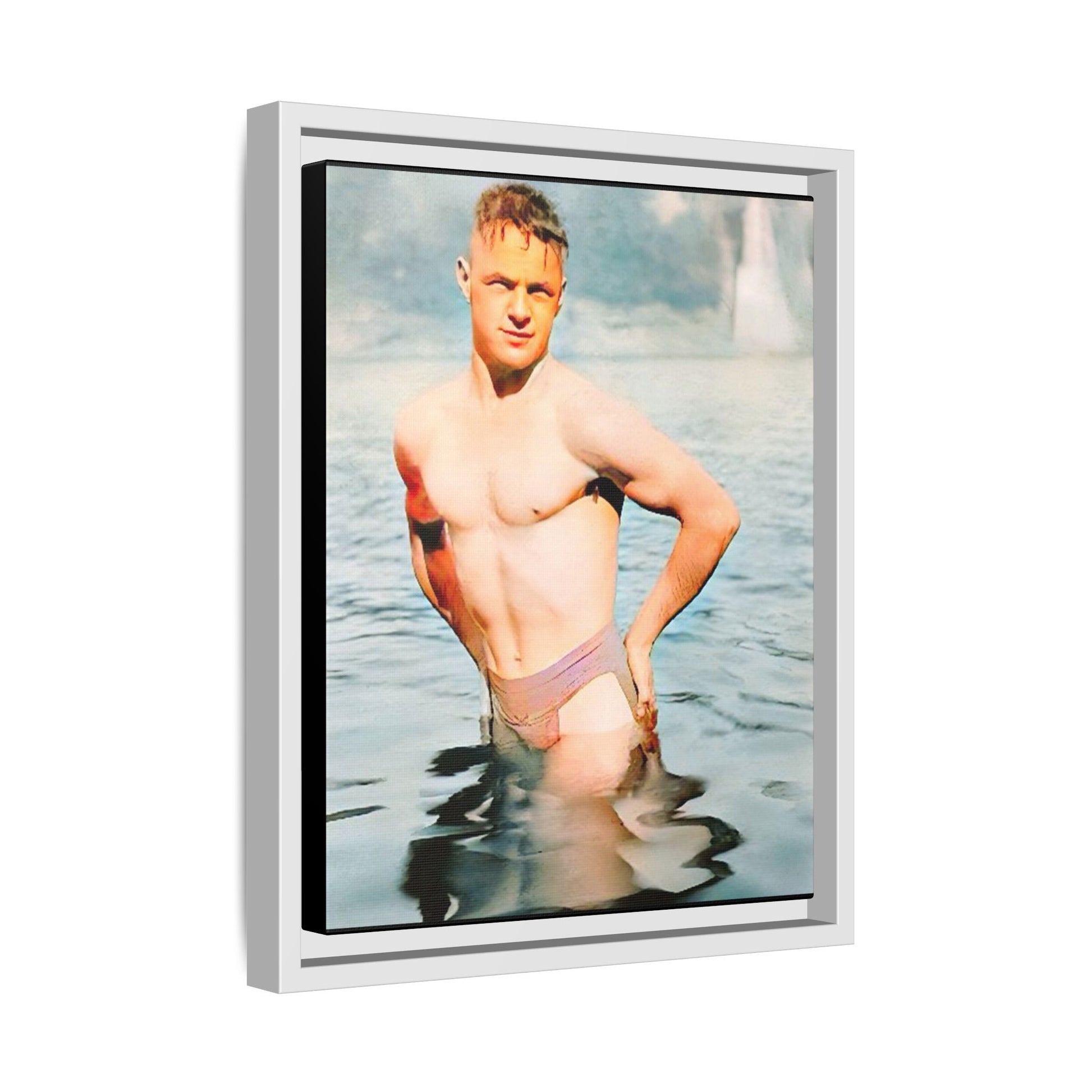 Restored 1940s vintage photo of Lewis standing waist-deep in Lake Wawasee, Indiana, radiating confidence and vitality, framed as wall art.
