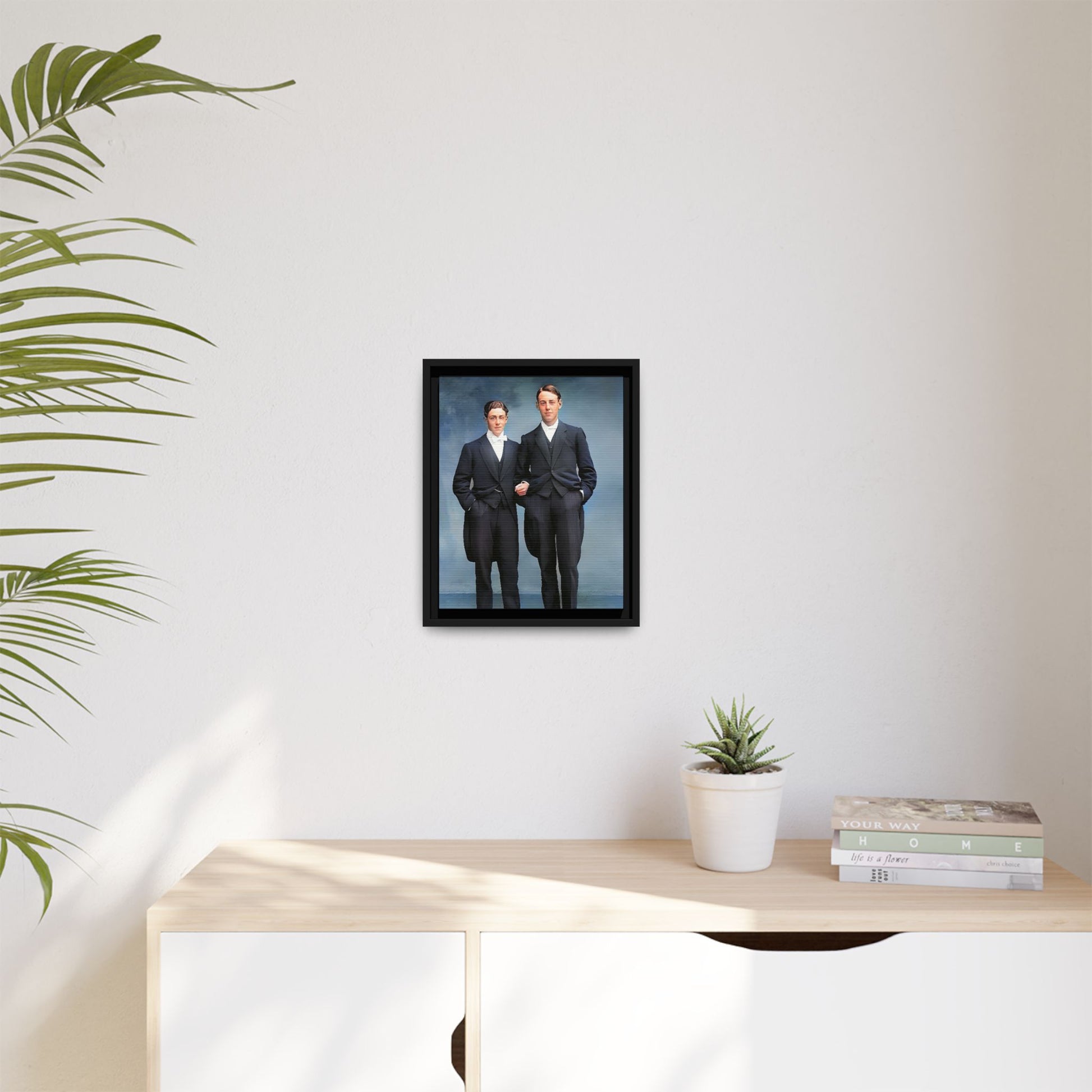 A framed vintage photo on matte canvas featuring a sophisticated LGBTQ+ couple in Rumson, NJ, capturing elegance and timeless love. Gay Formal Prom