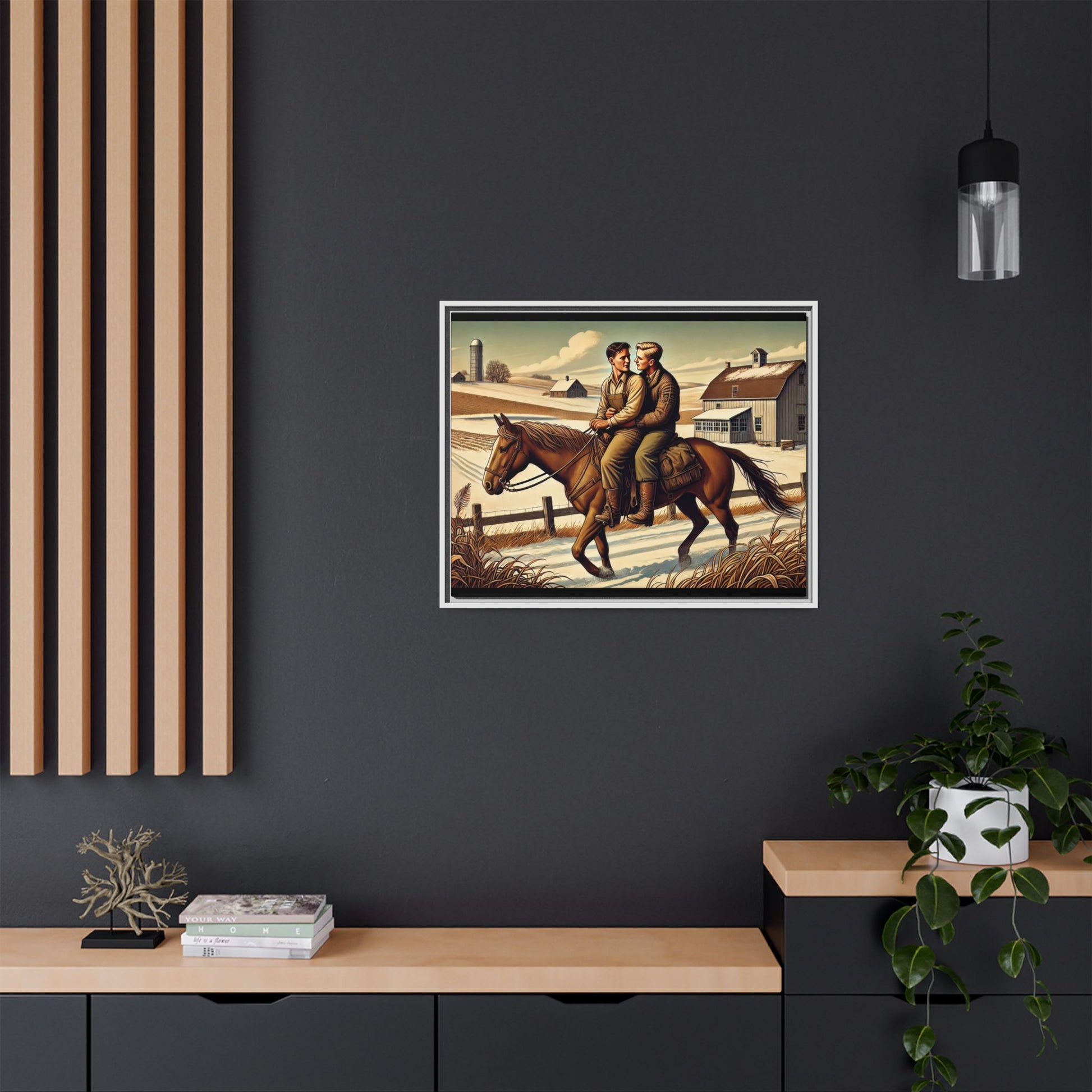 Artwork of a gay couple sharing a tender moment while seated together on a single horse in a snowy, rural Midwestern landscape. Dressed in early 20th-century attire, the men gaze at each other warmly, capturing love, resilience, and companionship in a serene 1930s-inspired American scene