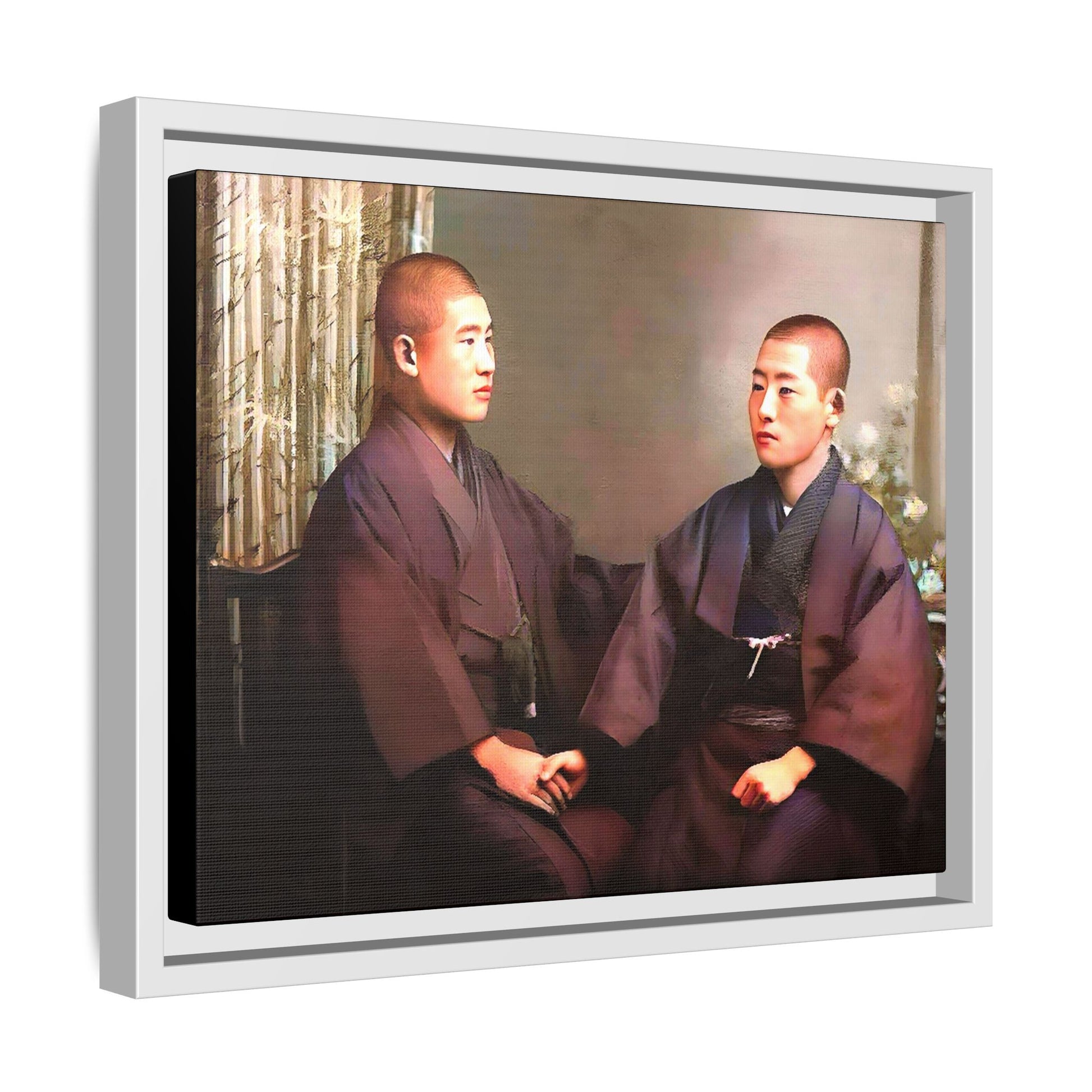 A vintage portrait of Hiroto & Atsushi in Kyoto, Japan. This framed matte canvas celebrates LGBTQ+ love, cultural heritage, and timeless elegance, making it a unique and meaningful art piece for collectors and history enthusiasts. Gay Couple