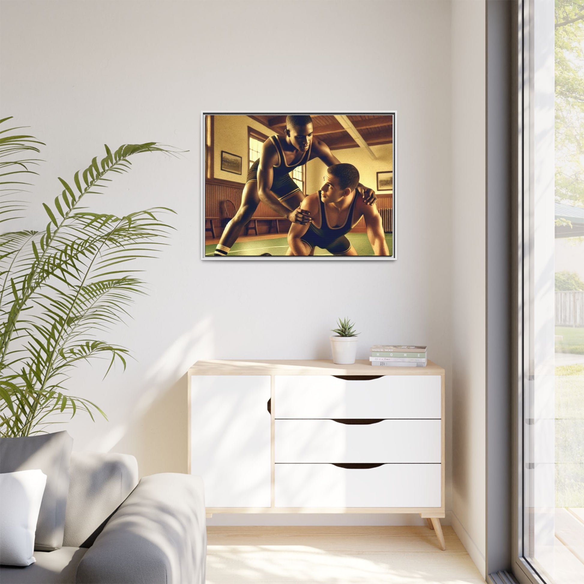 Framed canvas artwork inspired by Grant Wood featuring African-American and European-American wrestlers in a vintage gymnasium. A tribute to unity, diversity, and regionalist art.