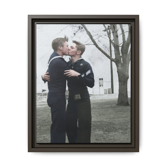Vintage naval double portrait reproduced as framed canvas wall art in an outdoor setting