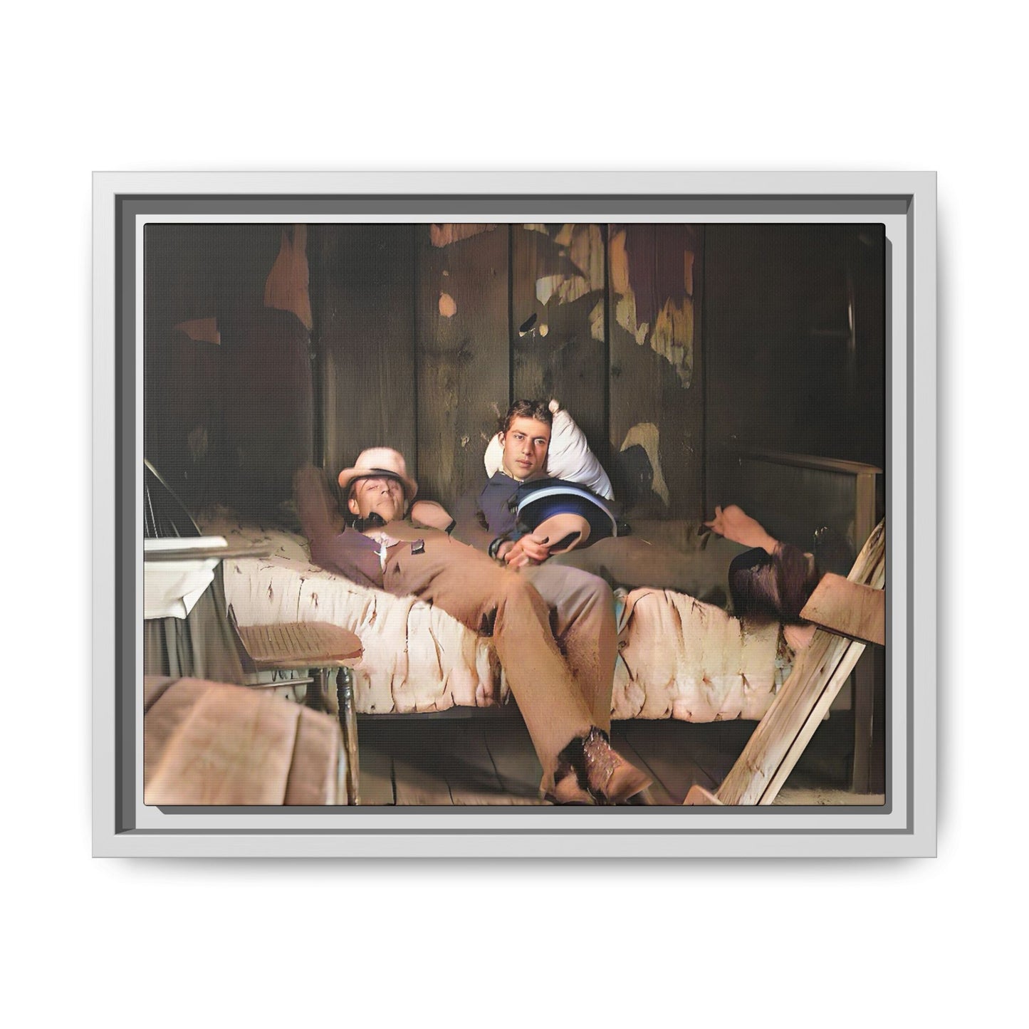 A vintage portrait of Henry & Joseph in a rustic Oregon cabin. This framed matte canvas captures LGBTQ+ history, love, and the beauty of a quiet, intimate moment, making it a timeless and meaningful addition to any collection or home. Gay Couple in bed.