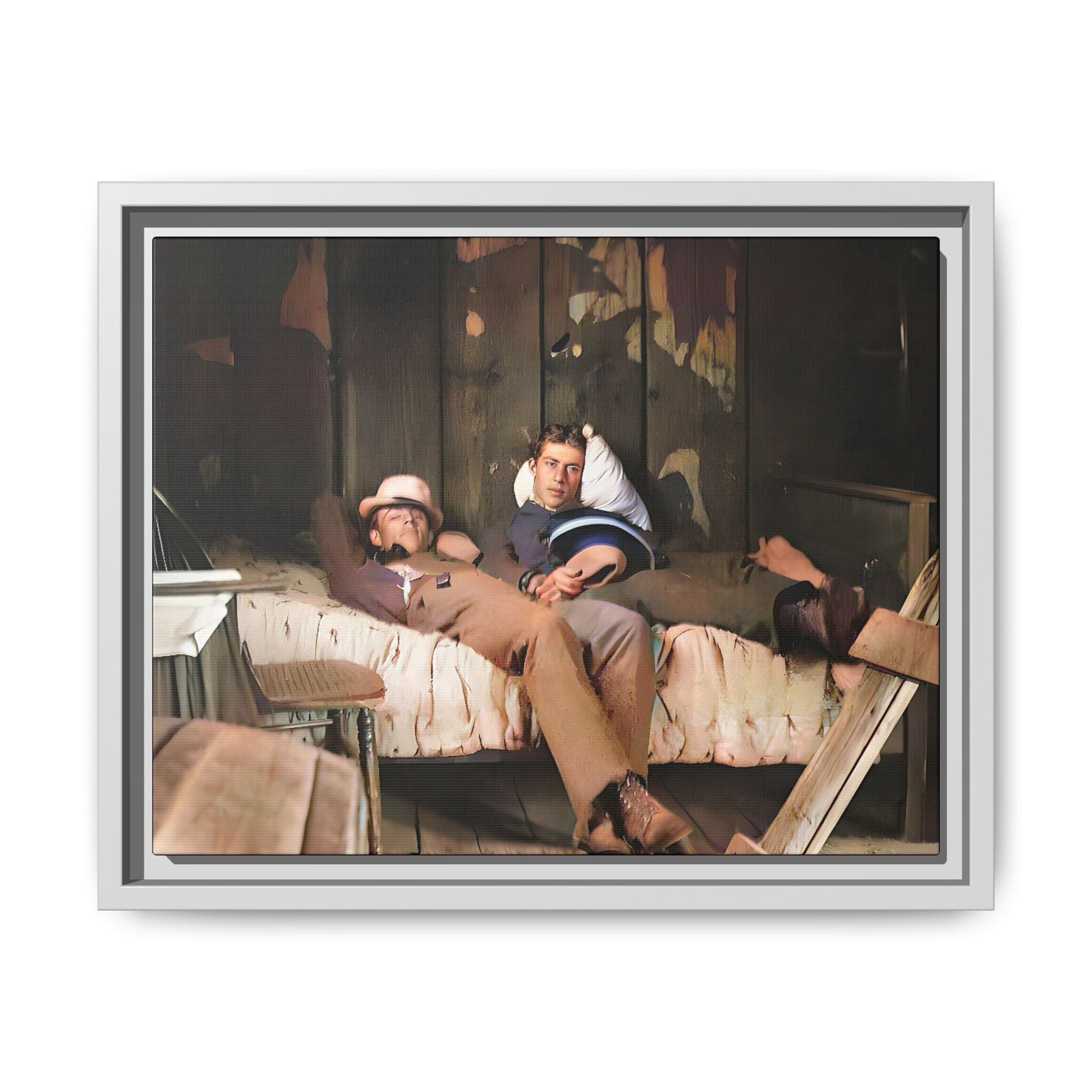 A vintage portrait of Henry & Joseph in a rustic Oregon cabin. This framed matte canvas captures LGBTQ+ history, love, and the beauty of a quiet, intimate moment, making it a timeless and meaningful addition to any collection or home. Gay Couple in bed.