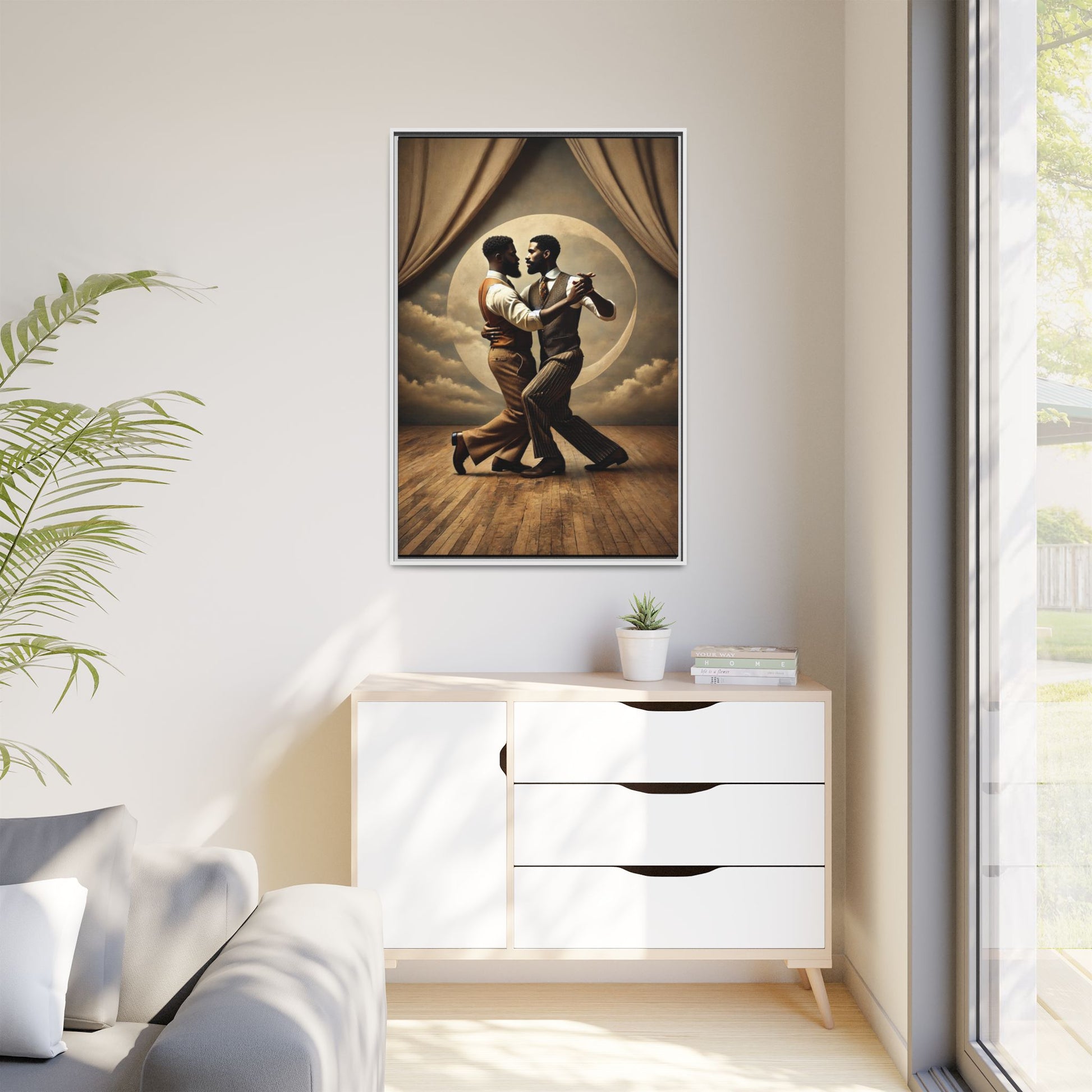 Original artwork of two Black men ballroom dancing in vintage 1920s suits under a glowing moon backdrop. A romantic and powerful tribute to queer love and Black history that reclaims moments lost to systemic bias and cultural erasure.