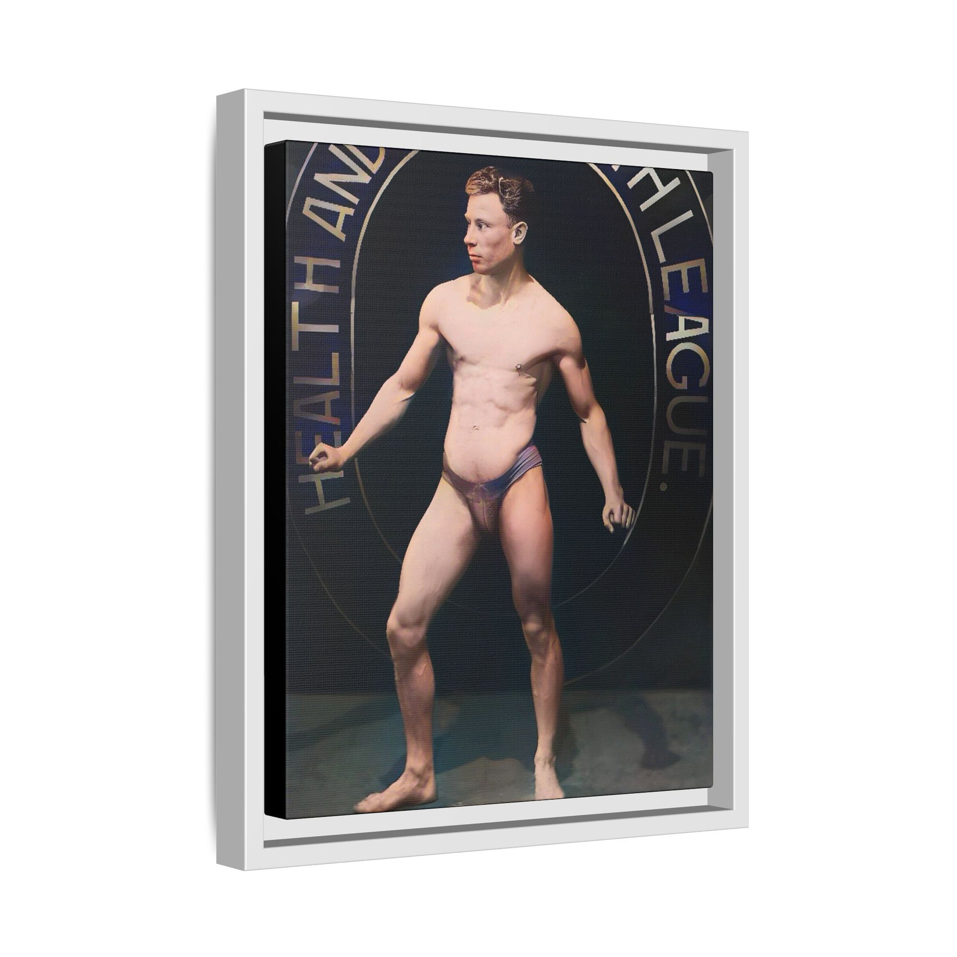 Restored vintage photo of Robert, a young bodybuilder from Manchester, UK, circa early 20th century, framed canvas