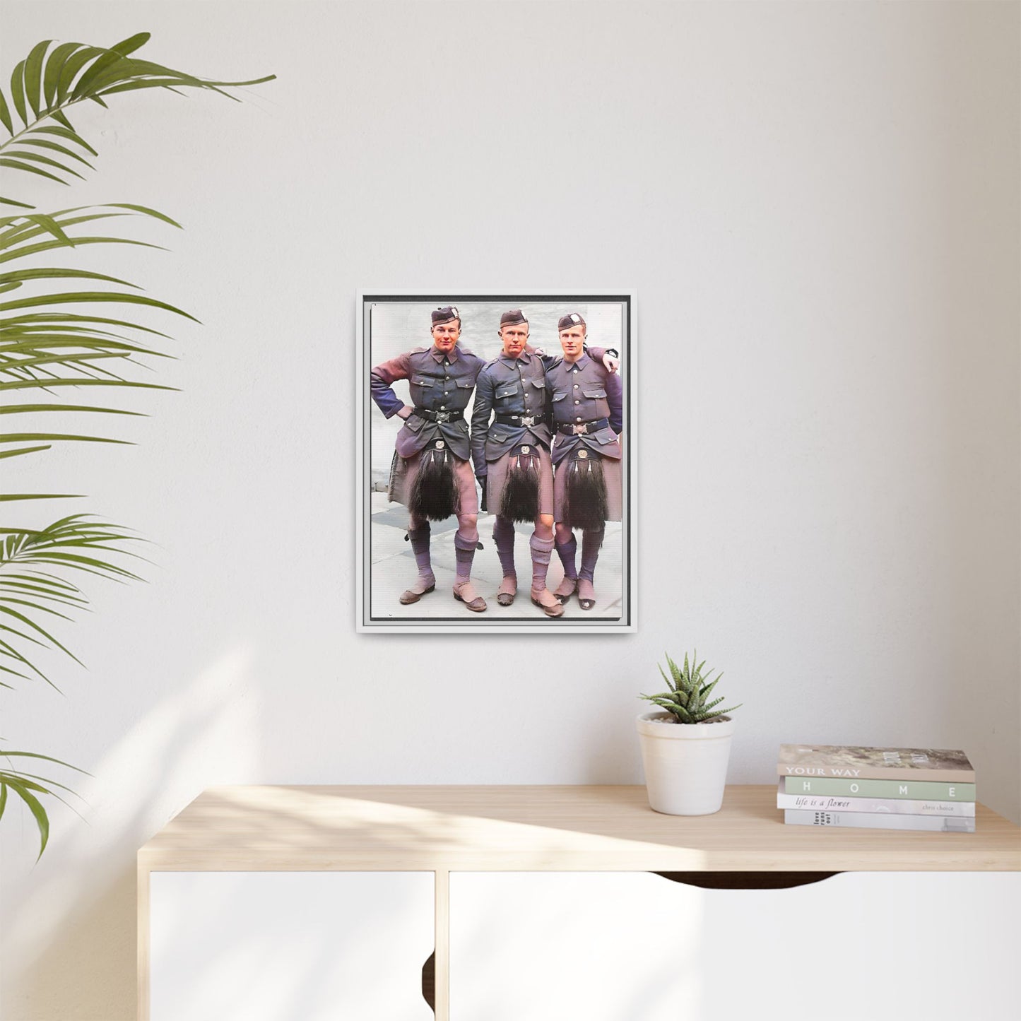 A restored vintage portrait of Gordon Highlanders in Glasgow, Scotland. This framed matte canvas honors Scottish military history, tradition, and unity.