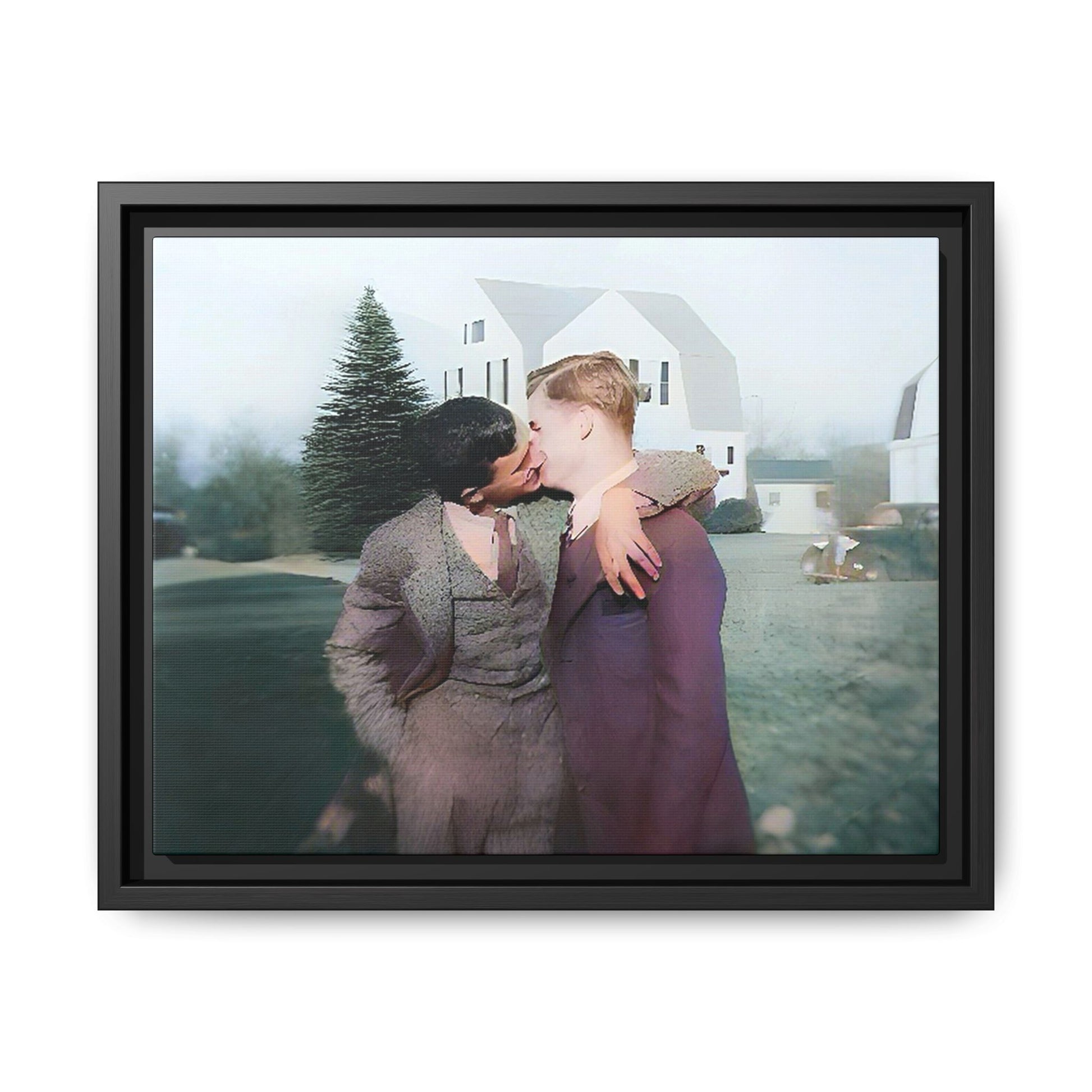 A vintage LGBTQ+ portrait of Milton & Shawn in Londonderry, NH. This framed matte canvas captures a timeless moment of love and resilience, making it a perfect piece for collectors, history enthusiasts, and those celebrating love in all forms. Gay Couple Art