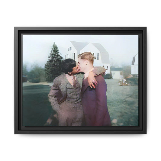 A vintage LGBTQ+ portrait of Milton & Shawn in Londonderry, NH. This framed matte canvas captures a timeless moment of love and resilience, making it a perfect piece for collectors, history enthusiasts, and those celebrating love in all forms. Gay Couple Art