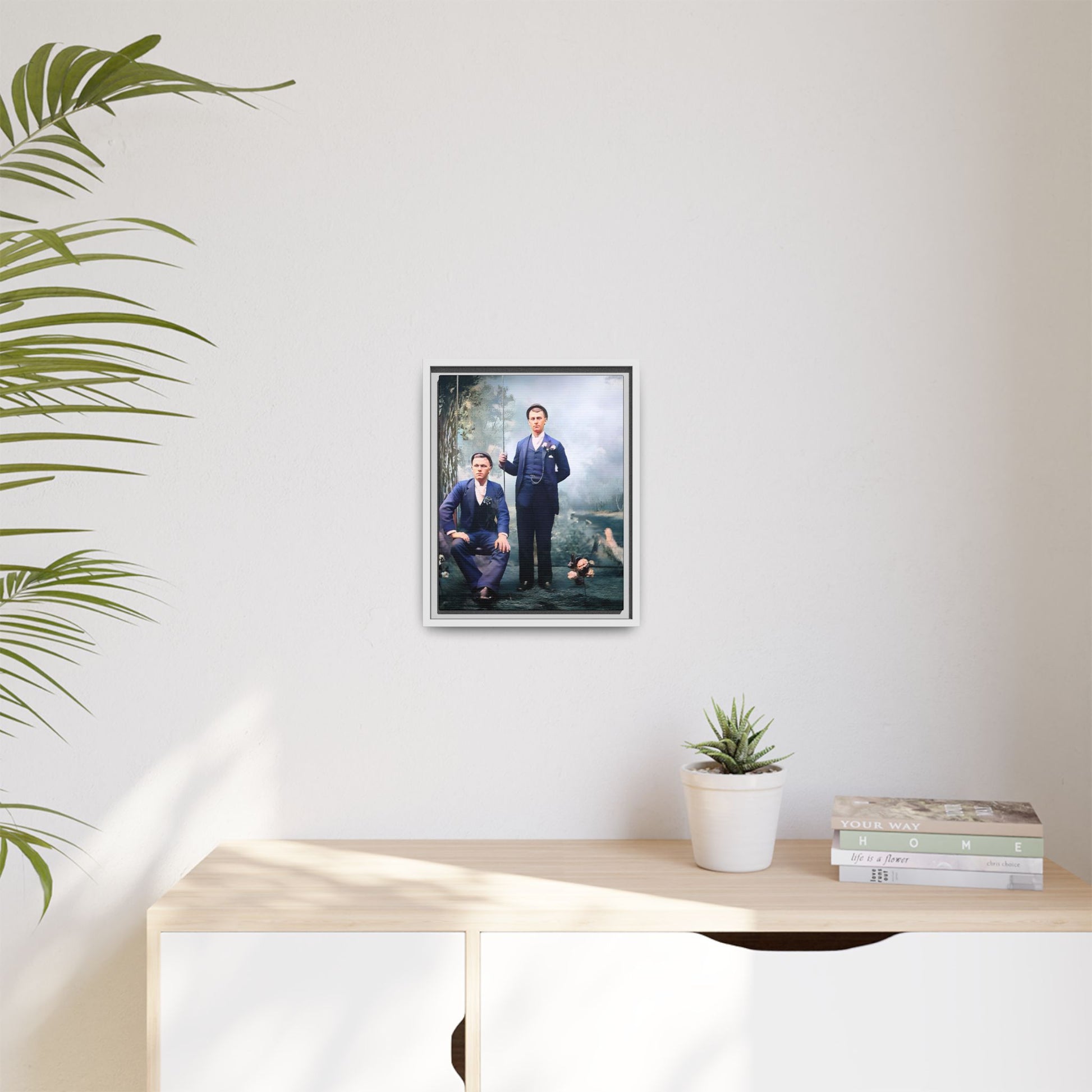 A restored vintage portrait of David & Earnest in Monongahela City, Pennsylvania. This framed matte canvas honors LGBTQ+ history, elegance, and enduring love. Gay Couple