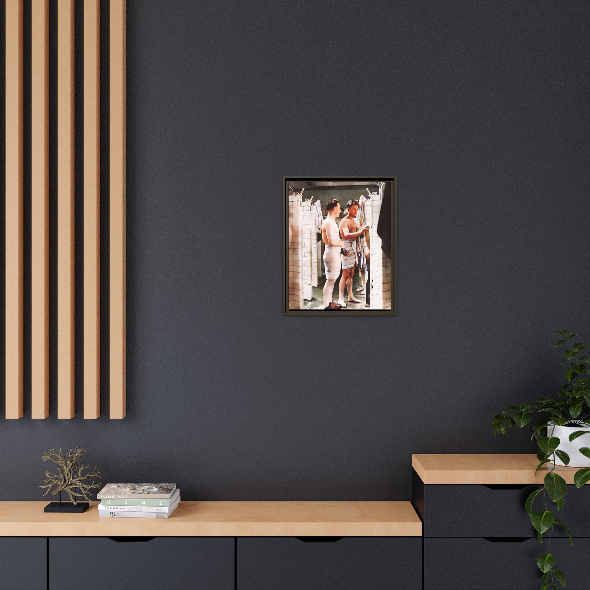 A restored and colorized vintage photo of Everard Baths in Manhattan, NYC. This framed matte canvas print celebrates LGBTQ+ history, capturing the spirit of camaraderie, liberation, and hidden stories from the past.