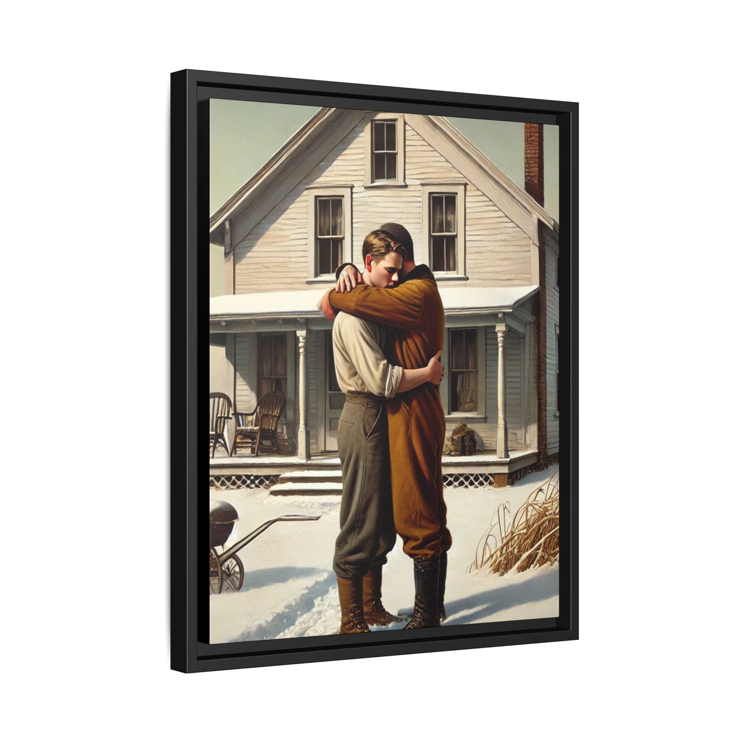 Artwork of a tender moment between a gay couple embracing outside a farmhouse in a snowy, rural landscape. Dressed in vintage attire, the two men find warmth and comfort in each other’s arms, capturing love and connection in a serene, Americana winter setting