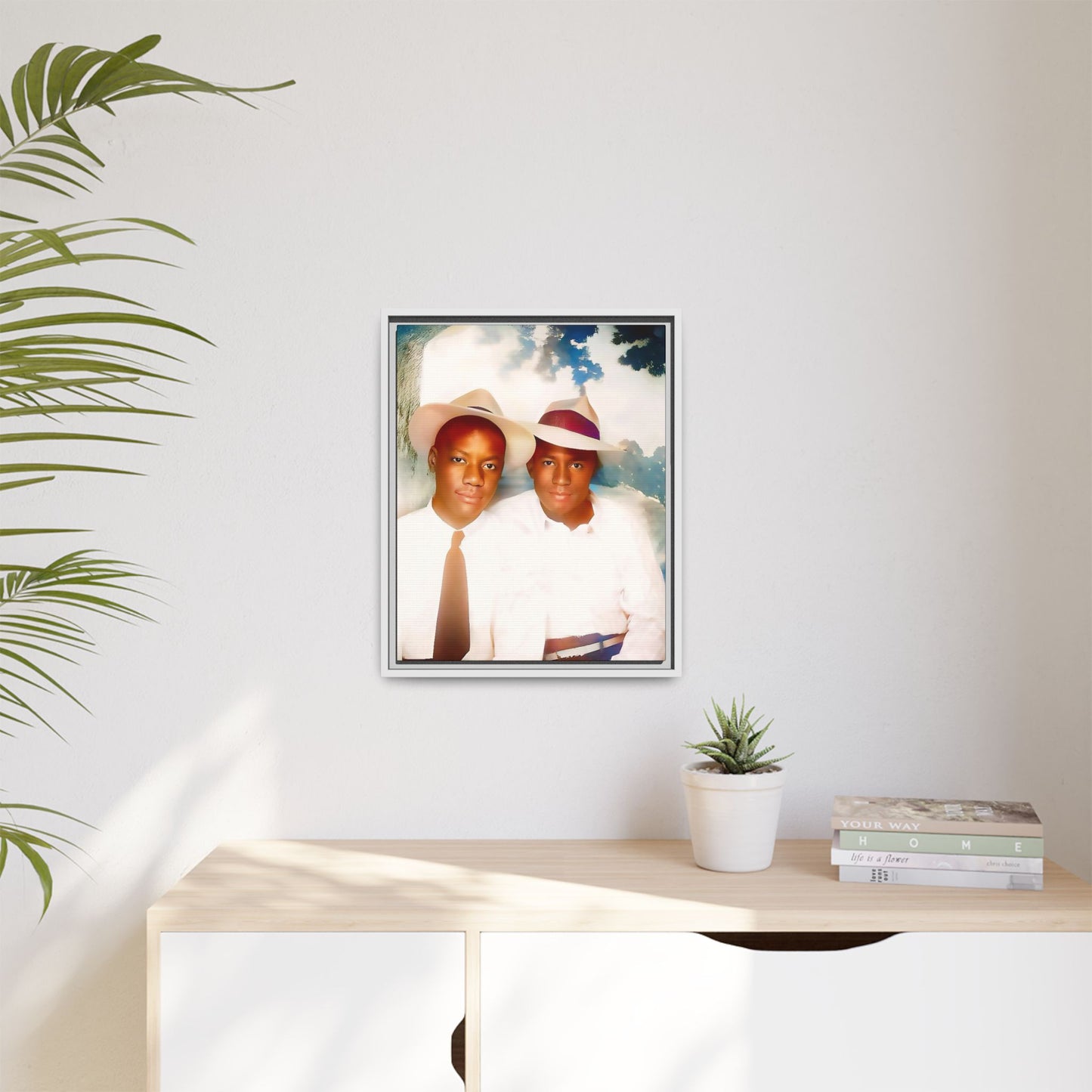A restored vintage portrait of Bryson & Damien in Taylor, Mississippi. This framed matte canvas celebrates LGBTQ+ history, Southern charm, and timeless love. African American Gay Couple