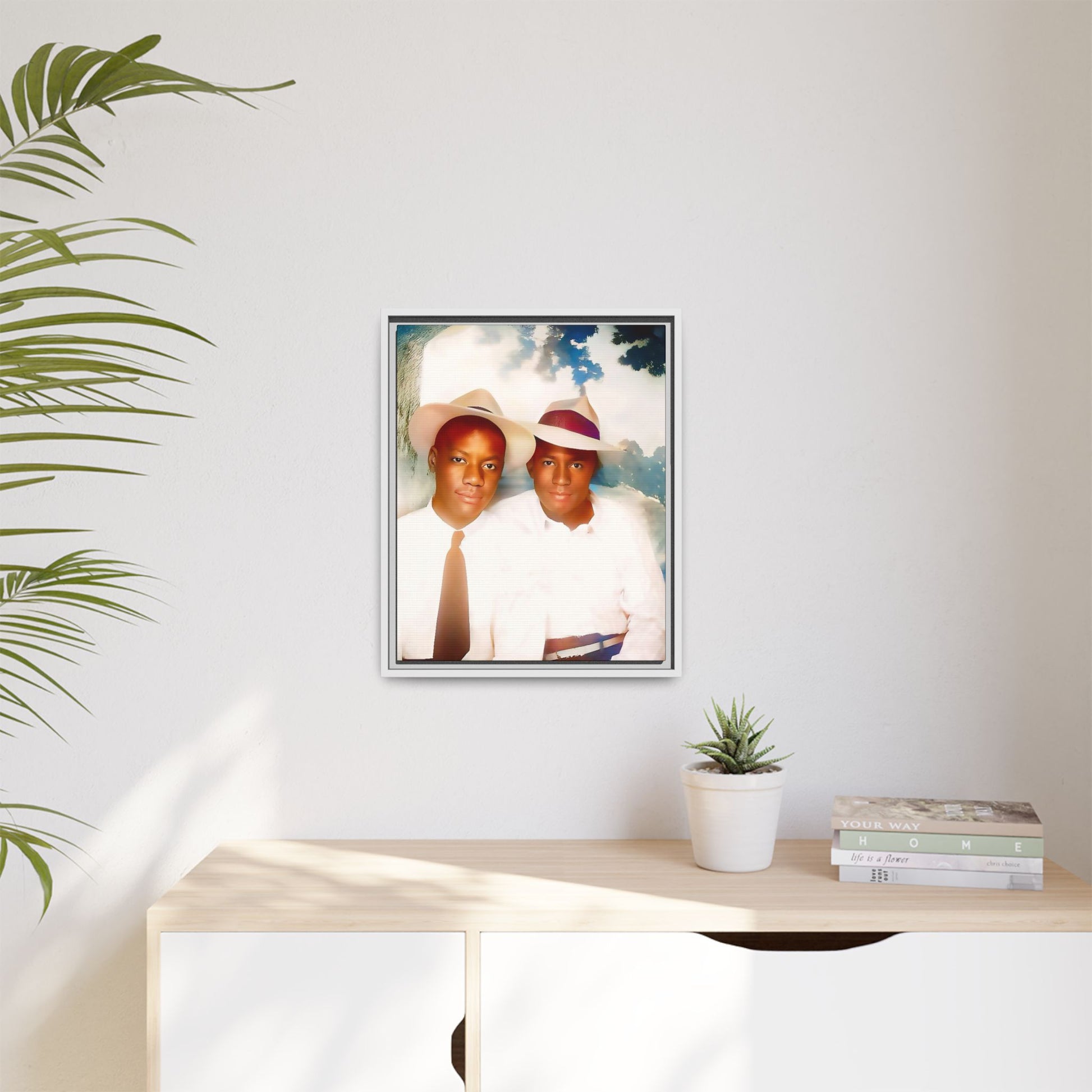 A restored vintage portrait of Bryson & Damien in Taylor, Mississippi. This framed matte canvas celebrates LGBTQ+ history, Southern charm, and timeless love. African American Gay Couple