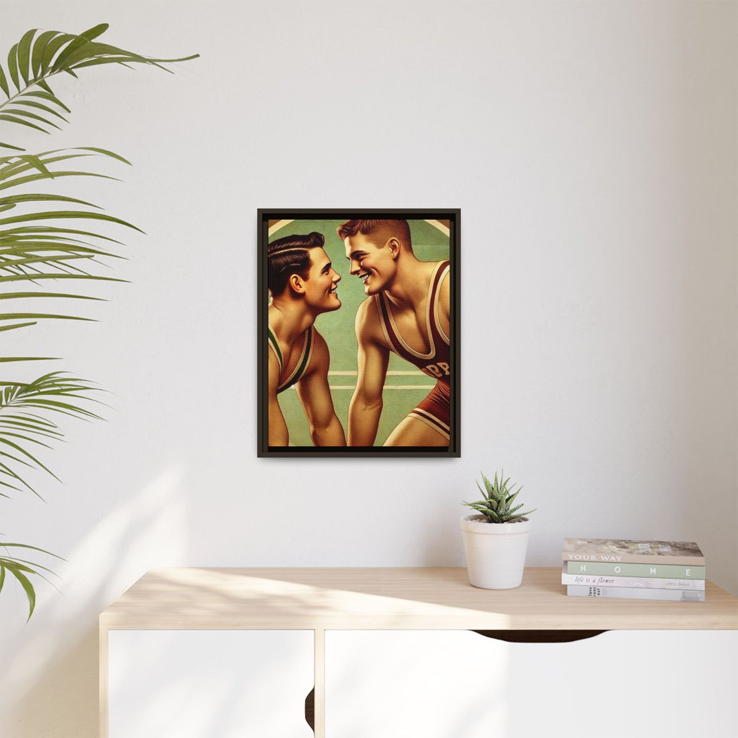 Framed artwork of two young wrestlers in vintage singlets on a stylized mat, inspired by Grant Wood's nostalgic Americana style.