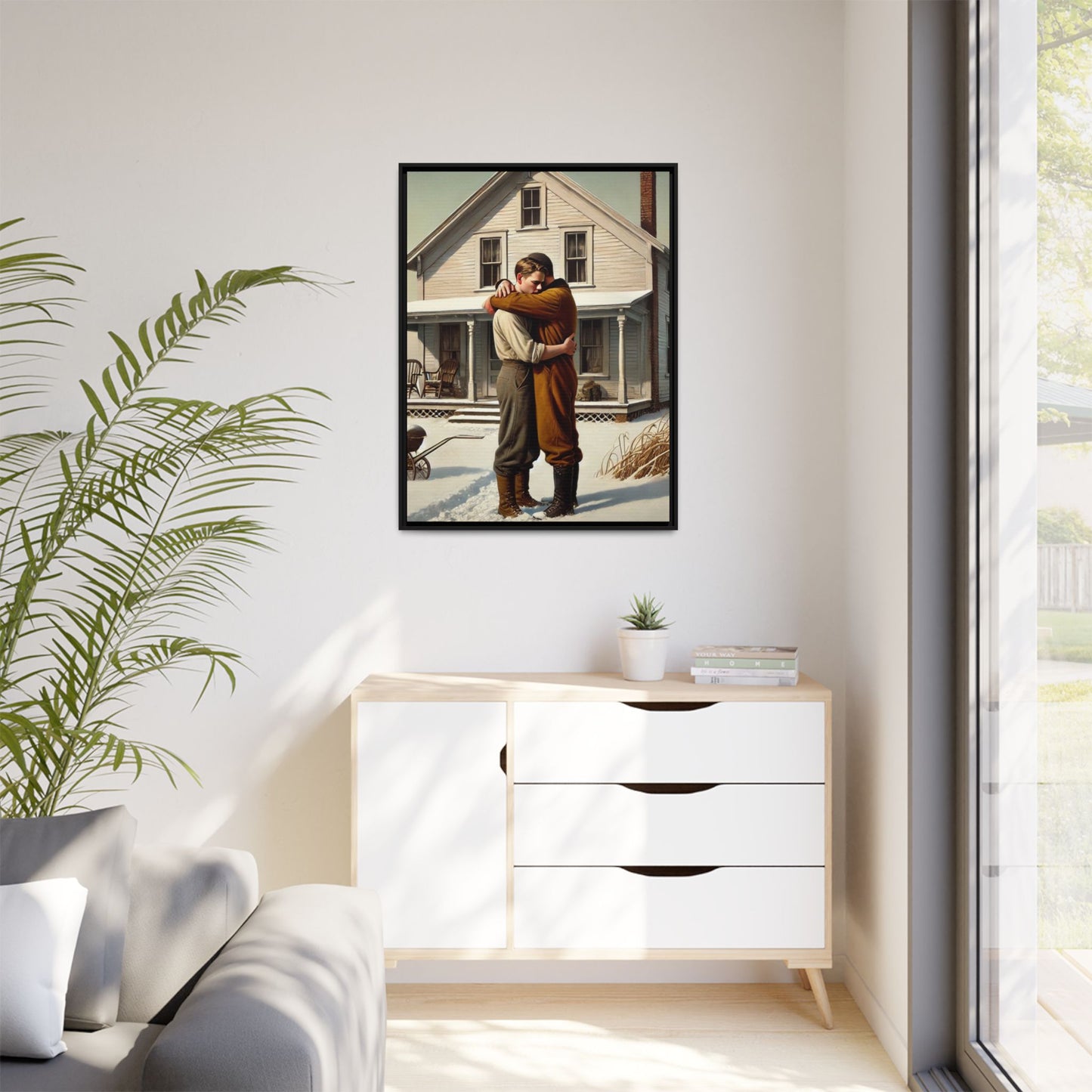 Artwork of a tender moment between a gay couple embracing outside a farmhouse in a snowy, rural landscape. Dressed in vintage attire, the two men find warmth and comfort in each other’s arms, capturing love and connection in a serene, Americana winter setting