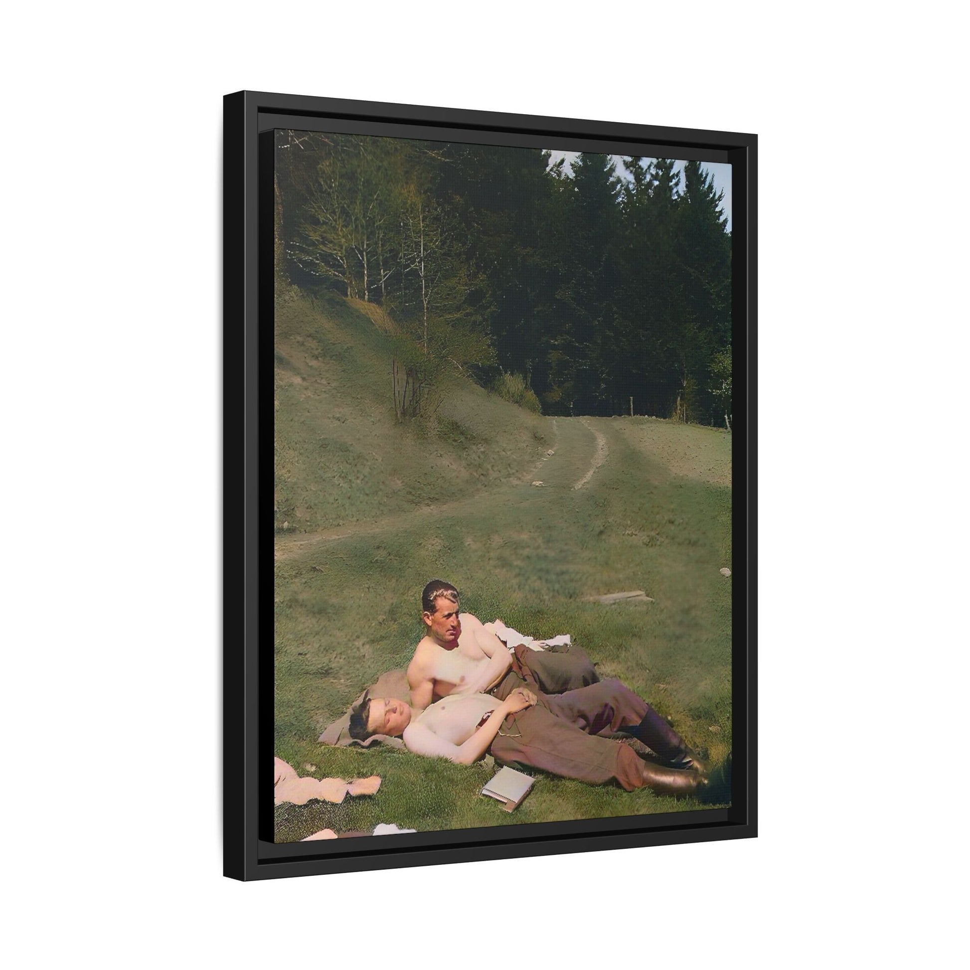 A framed vintage portrait on matte canvas featuring Anthony and Claude in the Belluno Dolomites, capturing nature, serenity, and timeless connection. Gay Couple, LGBTQ Soldiers