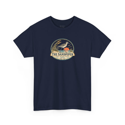 Front of the Sandpiper Fire Island Pines vintage T-shirt featuring a shorebird, setting sun, dune grass and the dates 1965–1979