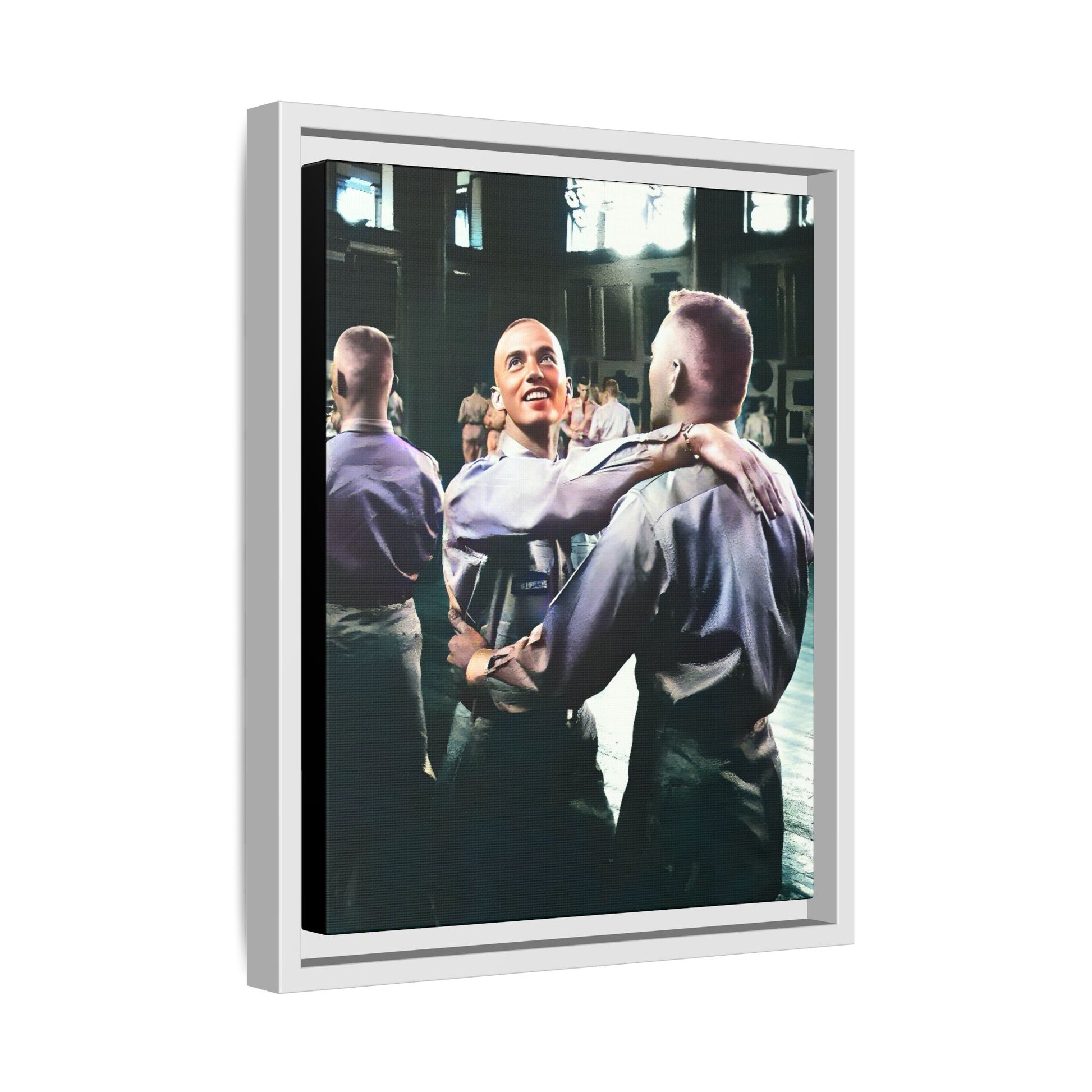 Restored mid-20th century photo of two men dancing at a USO event in Fort Belvoir, celebrating LGBTQ+ love and resilience, framed as wall décor Gay Couple