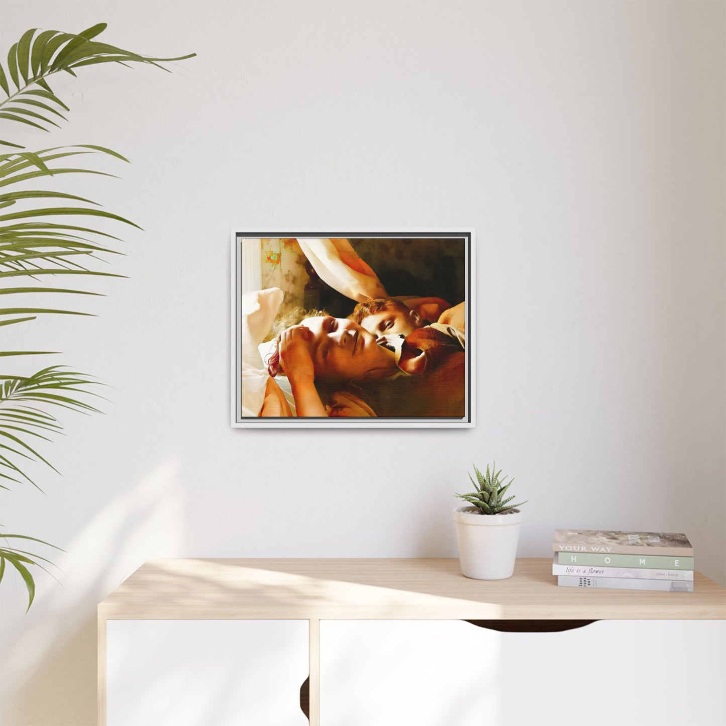 A heartwarming vintage portrait of Edwin and Floyd in Burlington, Vermont. This framed canvas print captures a quiet moment of LGBTQ+ love and intimacy, perfect for home decor, collectors, or as a sentimental gift celebrating timeless affection.