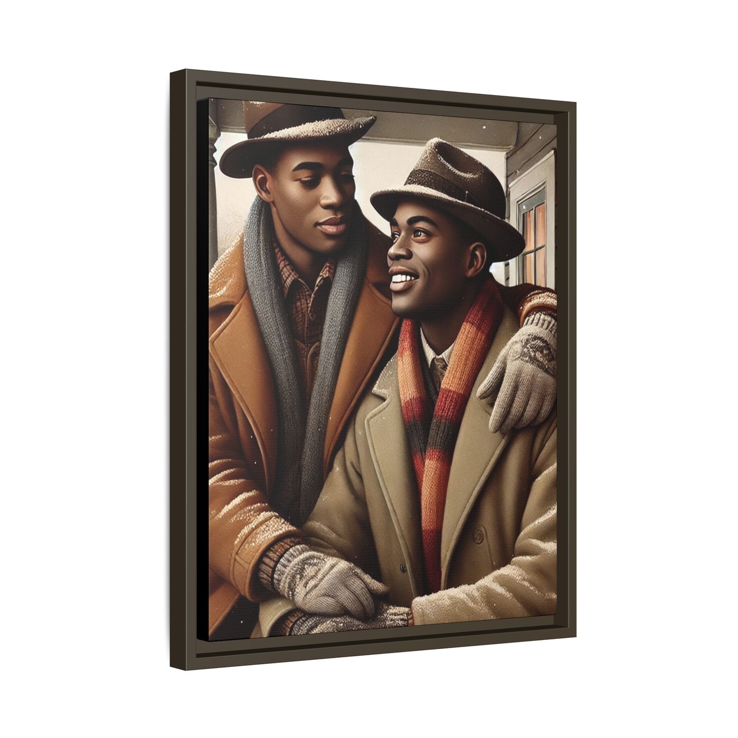 Artwork of an African-American gay couple sharing a cozy winter moment on a porch. Dressed in vintage winter attire with fedoras, scarves, and warm coats, they exchange affectionate gazes amidst softly falling snow, capturing love, warmth, and intimacy in a nostalgic winter setting.