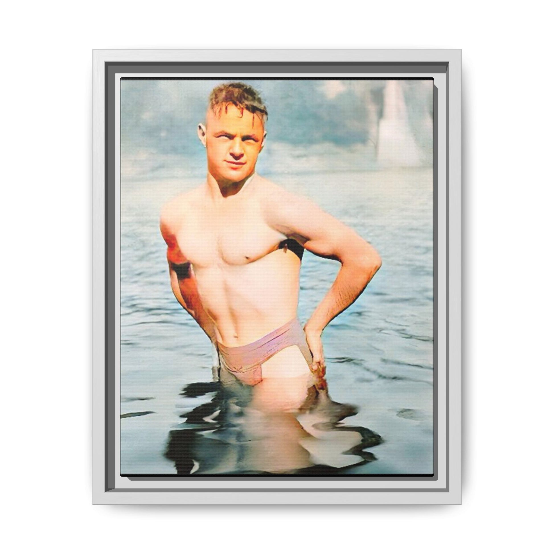 Restored 1940s vintage photo of Lewis standing waist-deep in Lake Wawasee, Indiana, radiating confidence and vitality, framed as wall art.