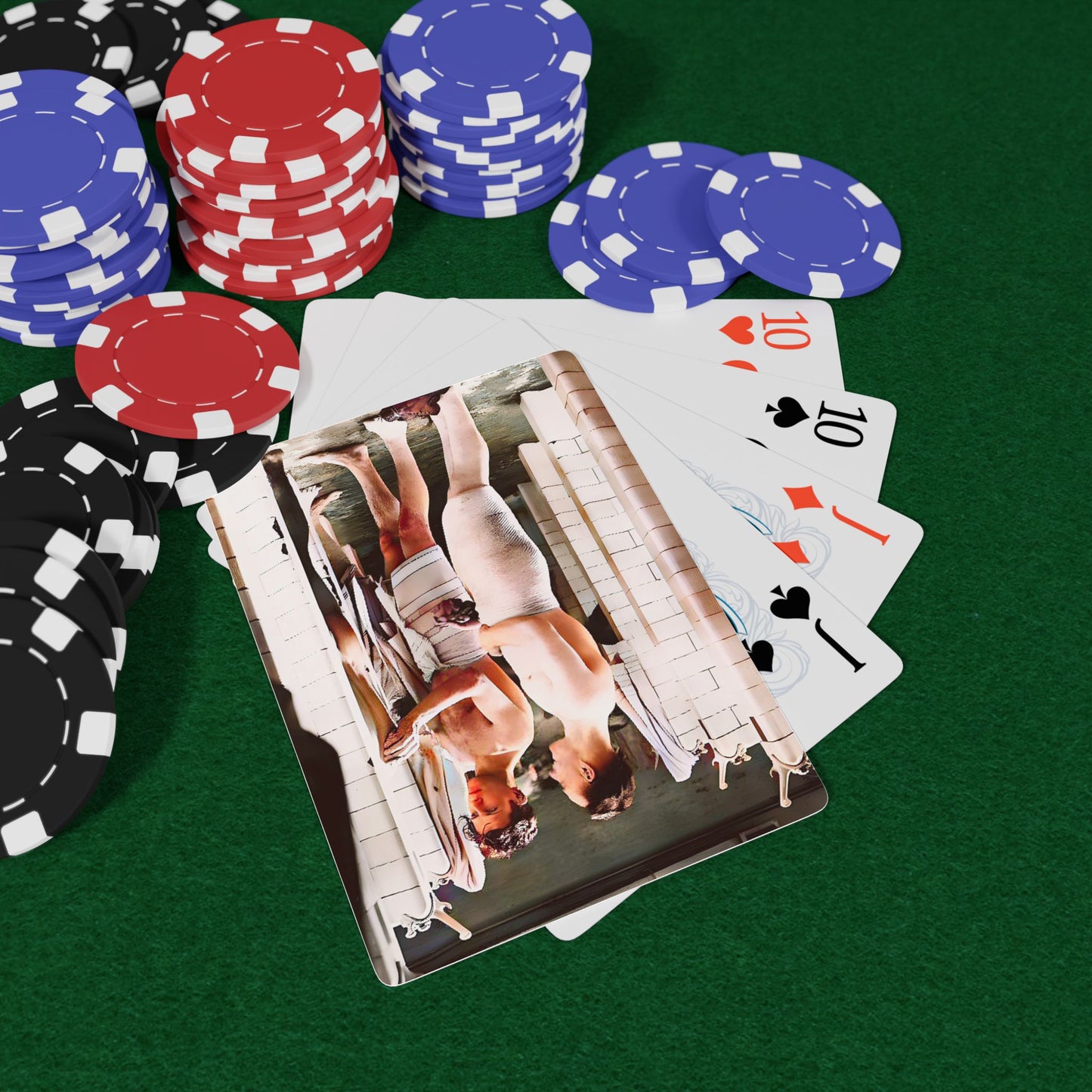 Vintage poker cards featuring a restored photo from Everard Baths, celebrating LGBTQ+ history and queer spaces.