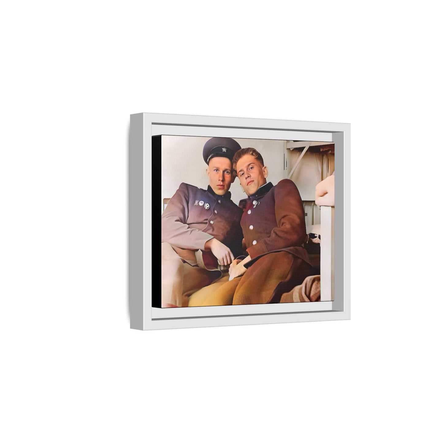 A restored vintage photograph of two Russian soldiers in uniform, seated together in their quarters in Volgograd, Russia. Their relaxed postures and warm expressions capture a moment of camaraderie, resilience, and military history. A powerful tribute to LGBTQ+ representation in the armed forces. Gay Couple Винтажное фото  гей-пара