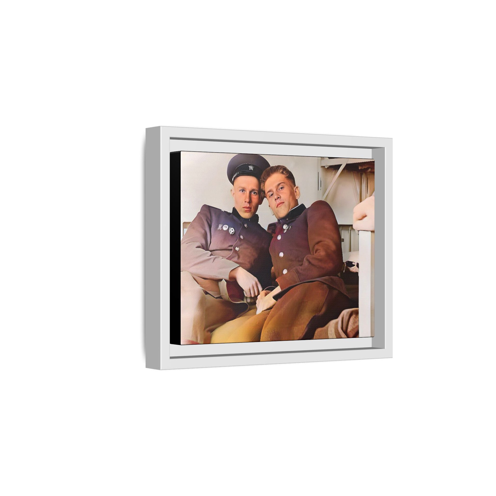 A restored vintage photograph of two Russian soldiers in uniform, seated together in their quarters in Volgograd, Russia. Their relaxed postures and warm expressions capture a moment of camaraderie, resilience, and military history. A powerful tribute to LGBTQ+ representation in the armed forces. Gay Couple Винтажное фото  гей-пара