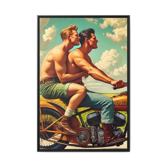 Framed artwork of a gay couple riding a vintage motorcycle through rural Iowa, celebrating love, unity, and the beauty of shared journeys. Inspired by Grant Wood