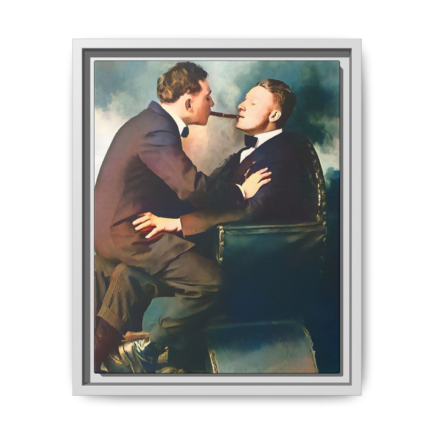 A restored vintage bohemian portrait of Argento & Lucius in Portland, Oregon. This framed matte canvas honors LGBTQ+ history, intimacy, and artistic freedom. Gay Couple