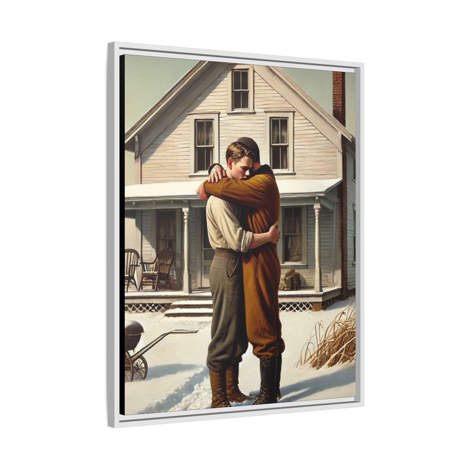 Artwork of a tender moment between a gay couple embracing outside a farmhouse in a snowy, rural landscape. Dressed in vintage attire, the two men find warmth and comfort in each other’s arms, capturing love and connection in a serene, Americana winter setting