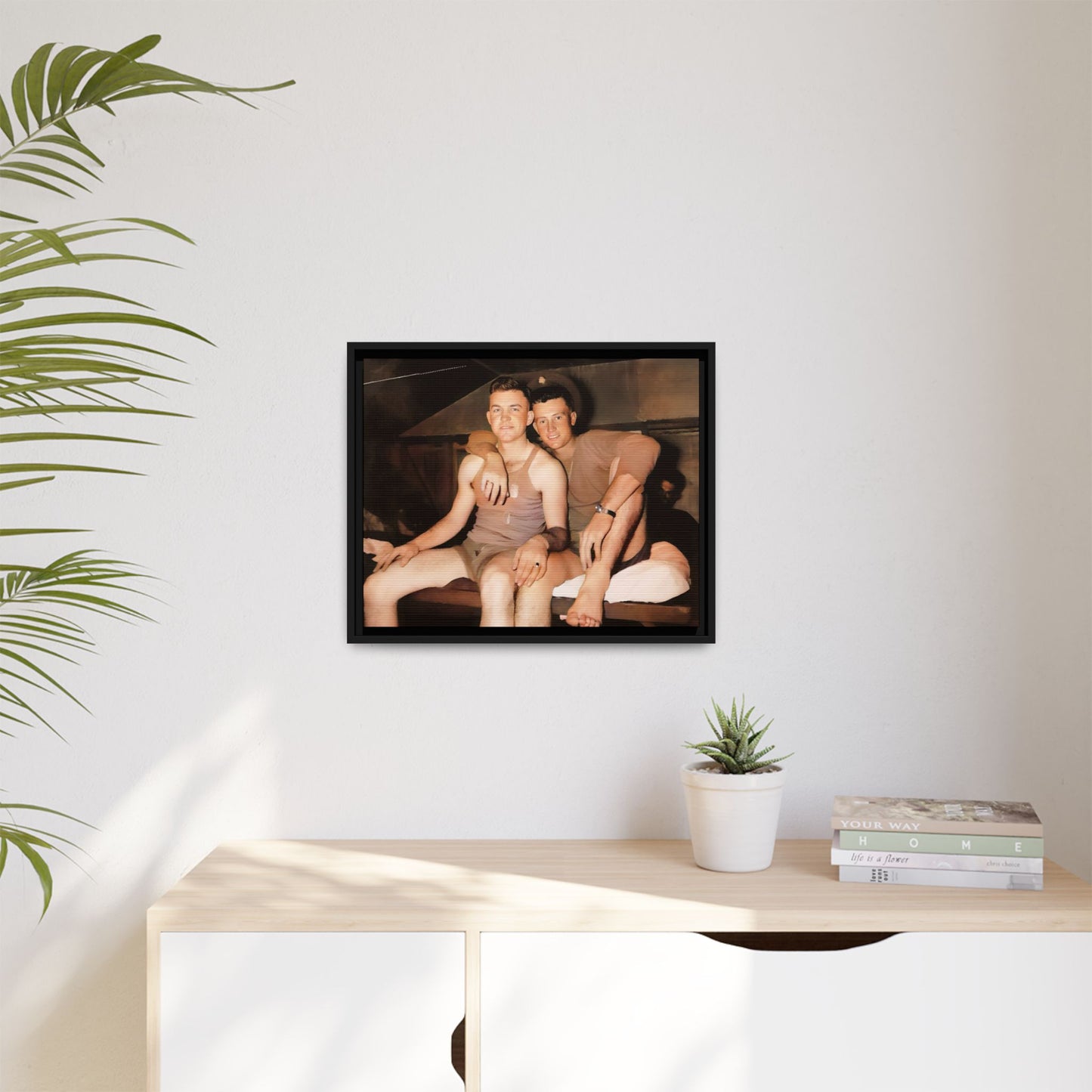 Barracks, Oahu. This framed canvas print honors LGBTQ+ history, military camaraderie, and timeless love, making it a unique and meaningful piece for collectors and history enthusiasts.