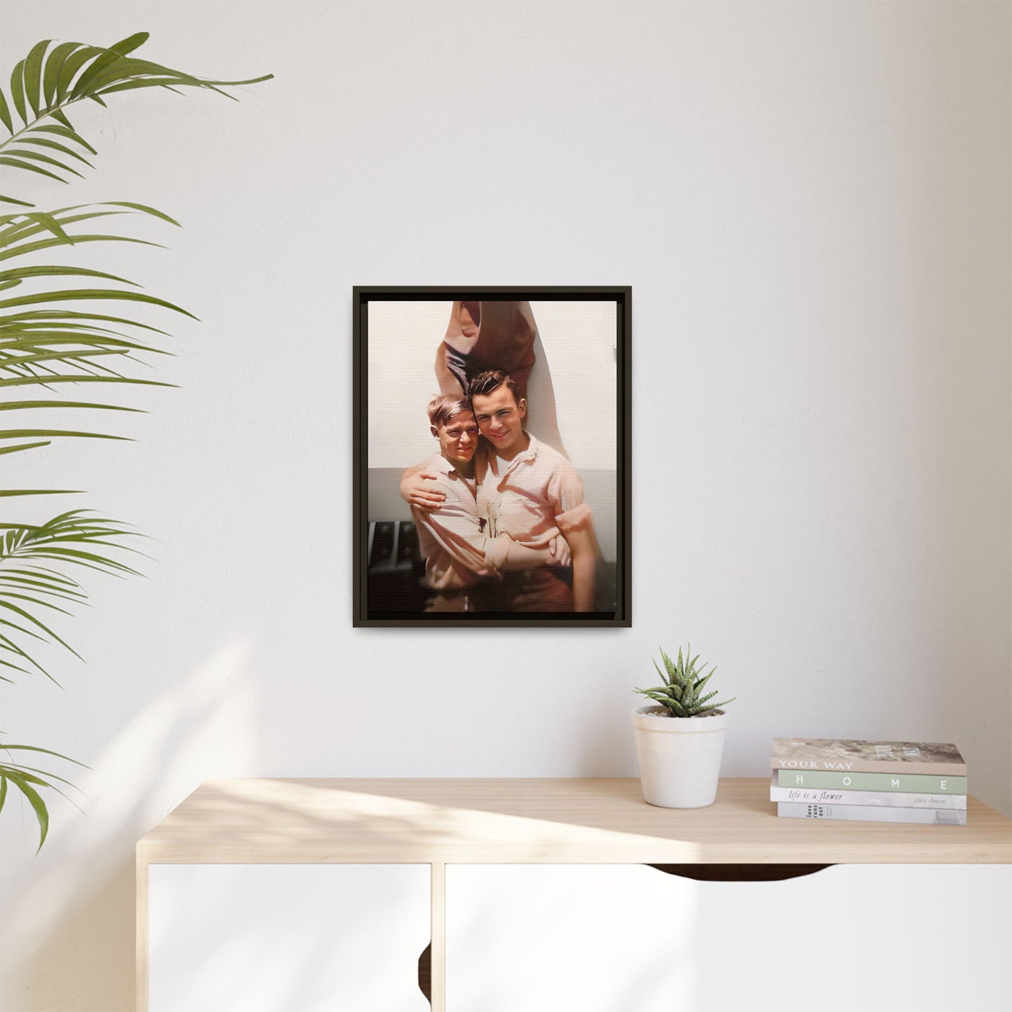 A framed vintage WWII-era portrait on matte canvas featuring Walter and Paul at Camp Shanks, NY, capturing love and resilience during wartime. Gay Couple