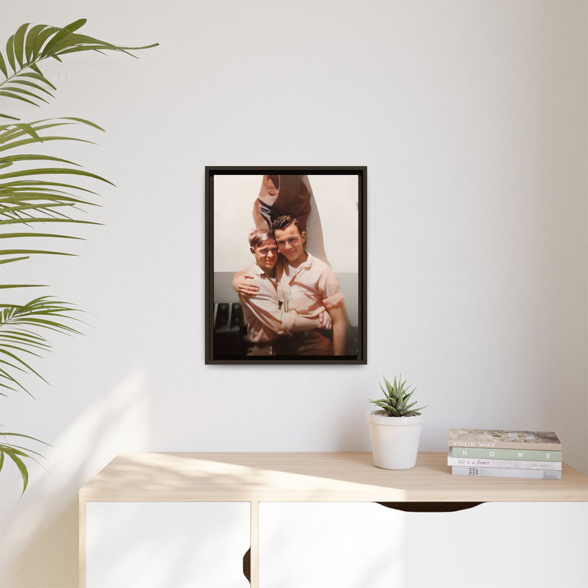 A framed vintage WWII-era portrait on matte canvas featuring Walter and Paul at Camp Shanks, NY, capturing love and resilience during wartime. Gay Couple