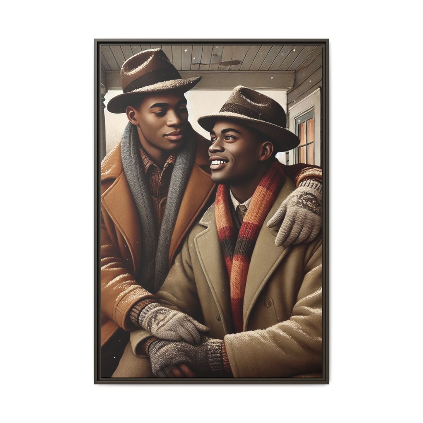 Artwork of an African-American queer couple sharing a cozy winter moment on a porch. Dressed in vintage winter attire with fedoras, scarves, and warm coats, they exchange affectionate gazes amidst softly falling snow, capturing love, warmth, and intimacy in a nostalgic winter setting.
