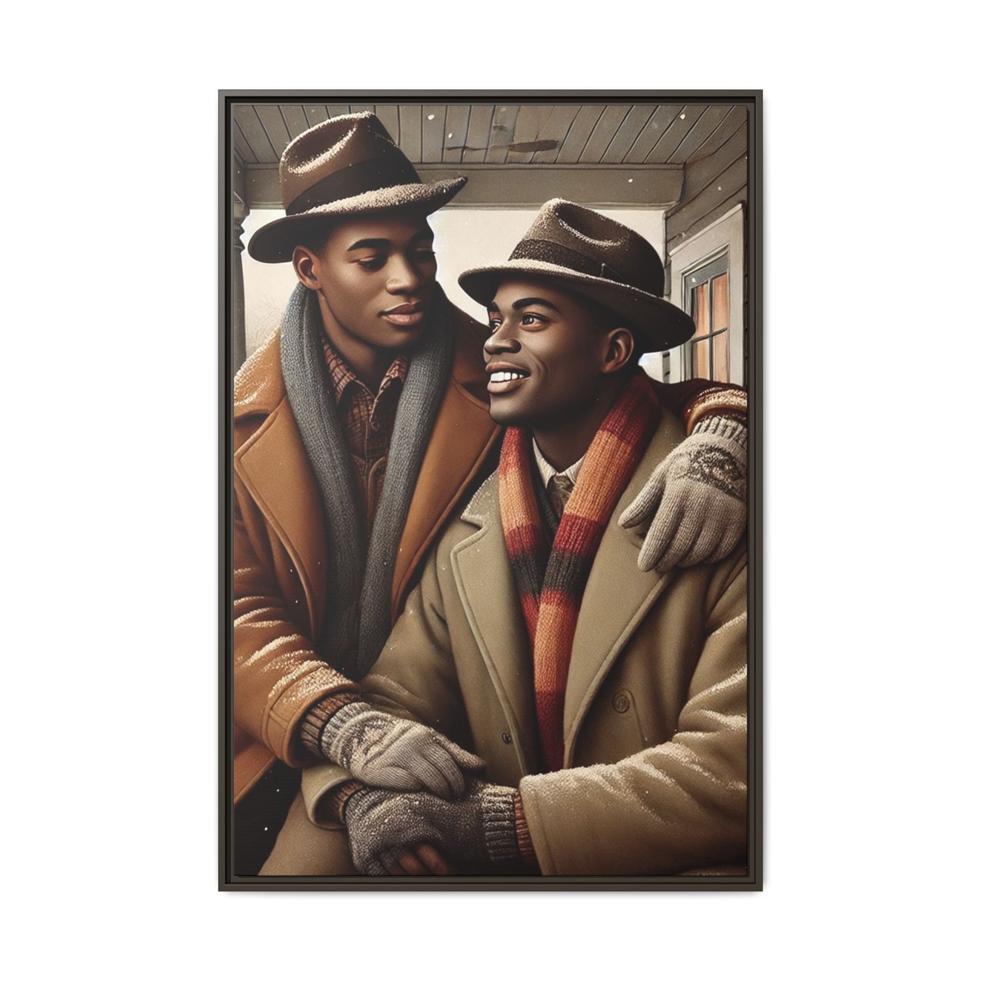 Artwork of an African-American queer couple sharing a cozy winter moment on a porch. Dressed in vintage winter attire with fedoras, scarves, and warm coats, they exchange affectionate gazes amidst softly falling snow, capturing love, warmth, and intimacy in a nostalgic winter setting.