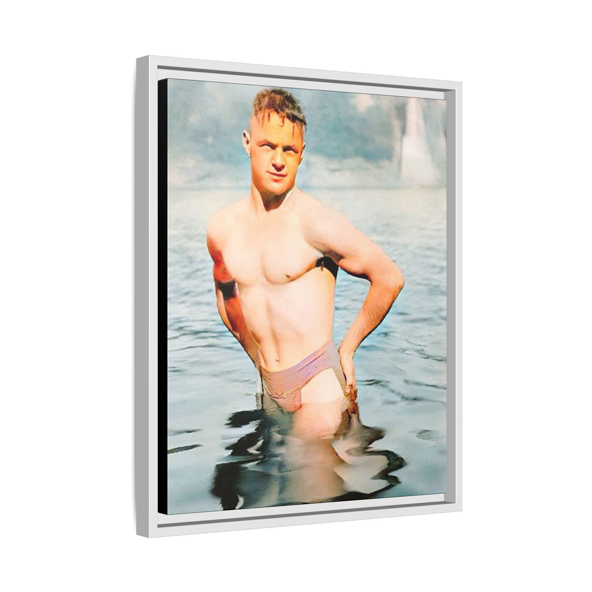 Restored 1940s vintage photo of Lewis standing waist-deep in Lake Wawasee, Indiana, radiating confidence and vitality, framed as wall art.