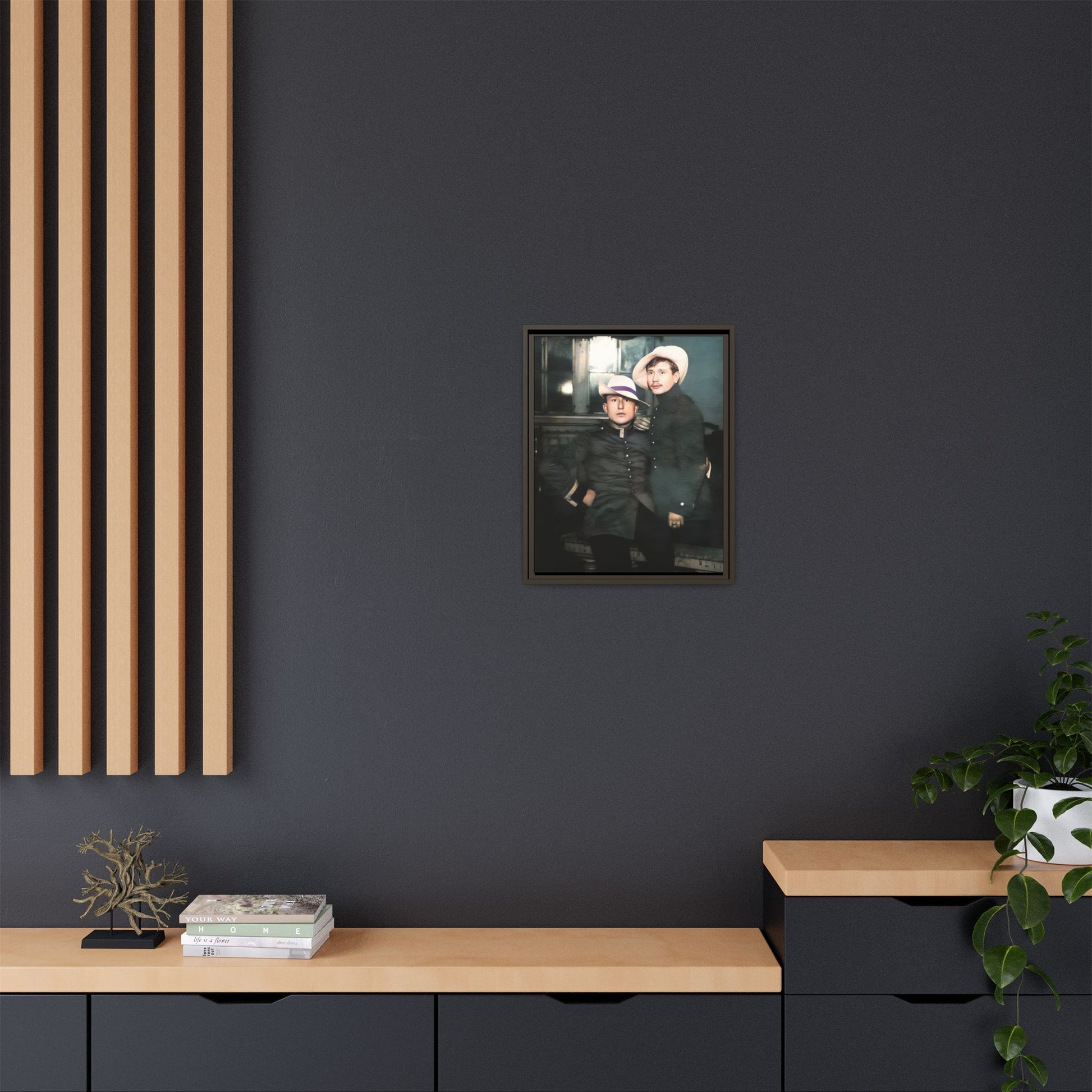Restored vintage photograph of Flavio and Eustolio, an early 20th-century Gay military couple from El Paso, Texas. Displayed as a framed matte canvas print, showcasing timeless love and resilience