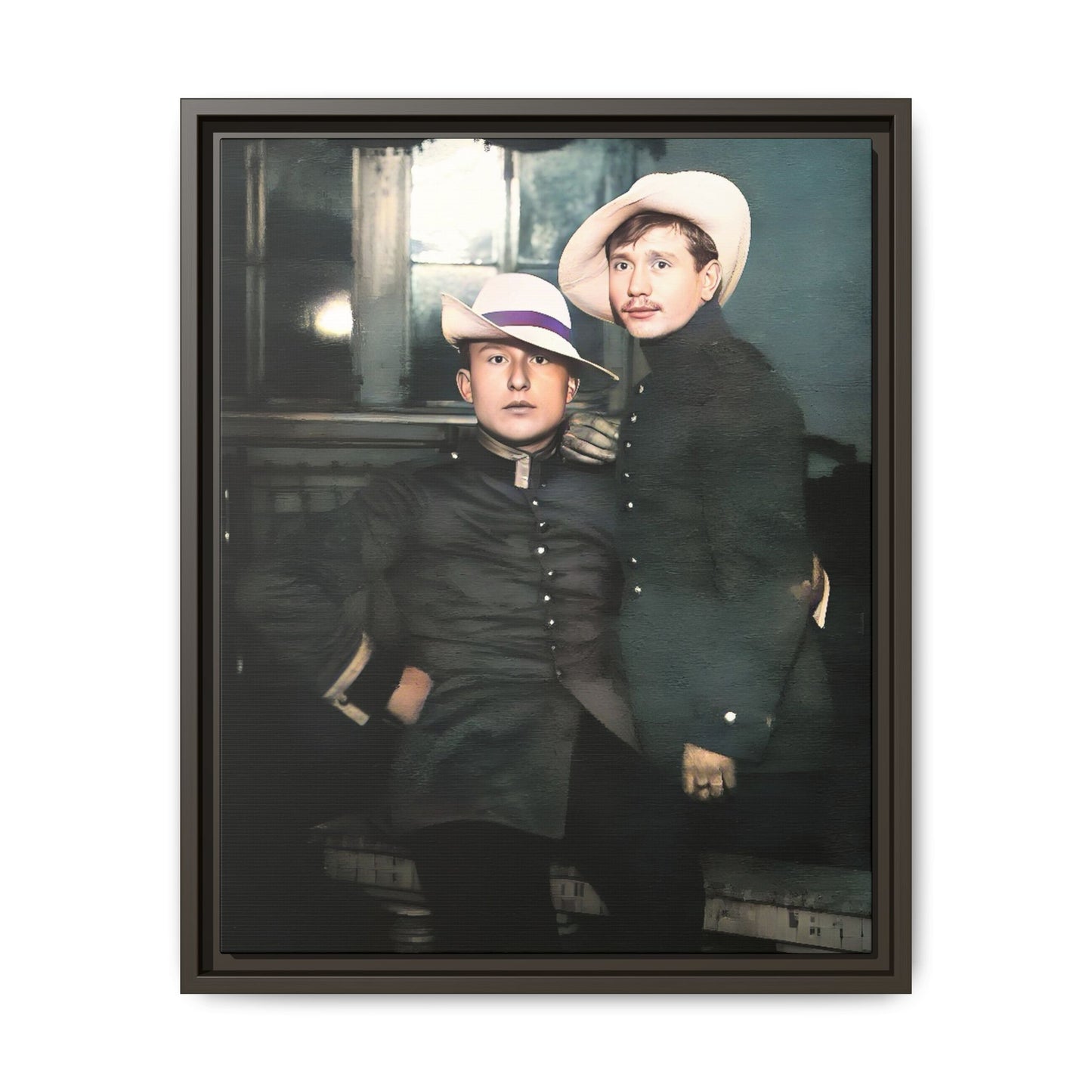 Restored vintage photograph of Flavio and Eustolio, an early 20th-century Gay military couple from El Paso, Texas. Displayed as a framed matte canvas print, showcasing timeless love and resilience