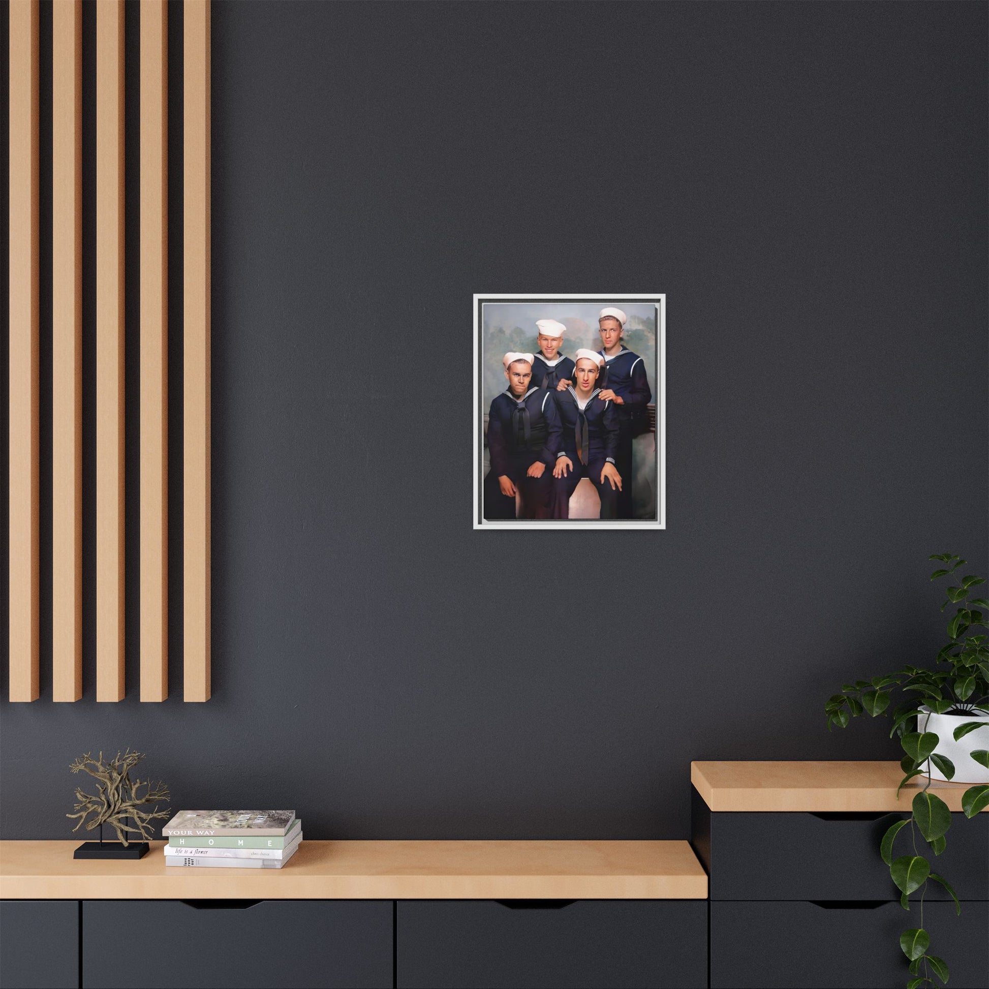 A framed vintage naval portrait on matte canvas featuring four sailors at Naval Station Great Lakes, capturing unity, service, and military pride.
