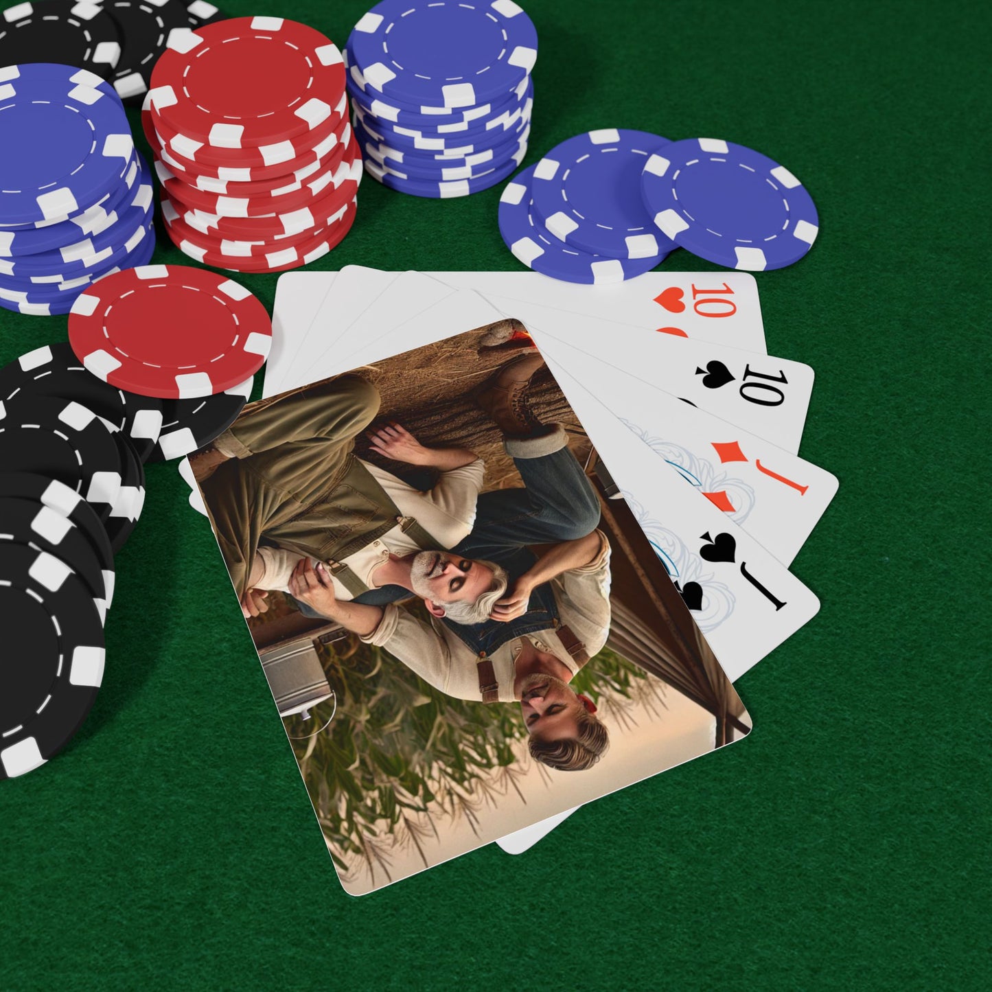 Missing Grant Series Poker Cards featuring two farmhands in a tender moment, celebrating hidden queer rural love. Father's Day Two Dads