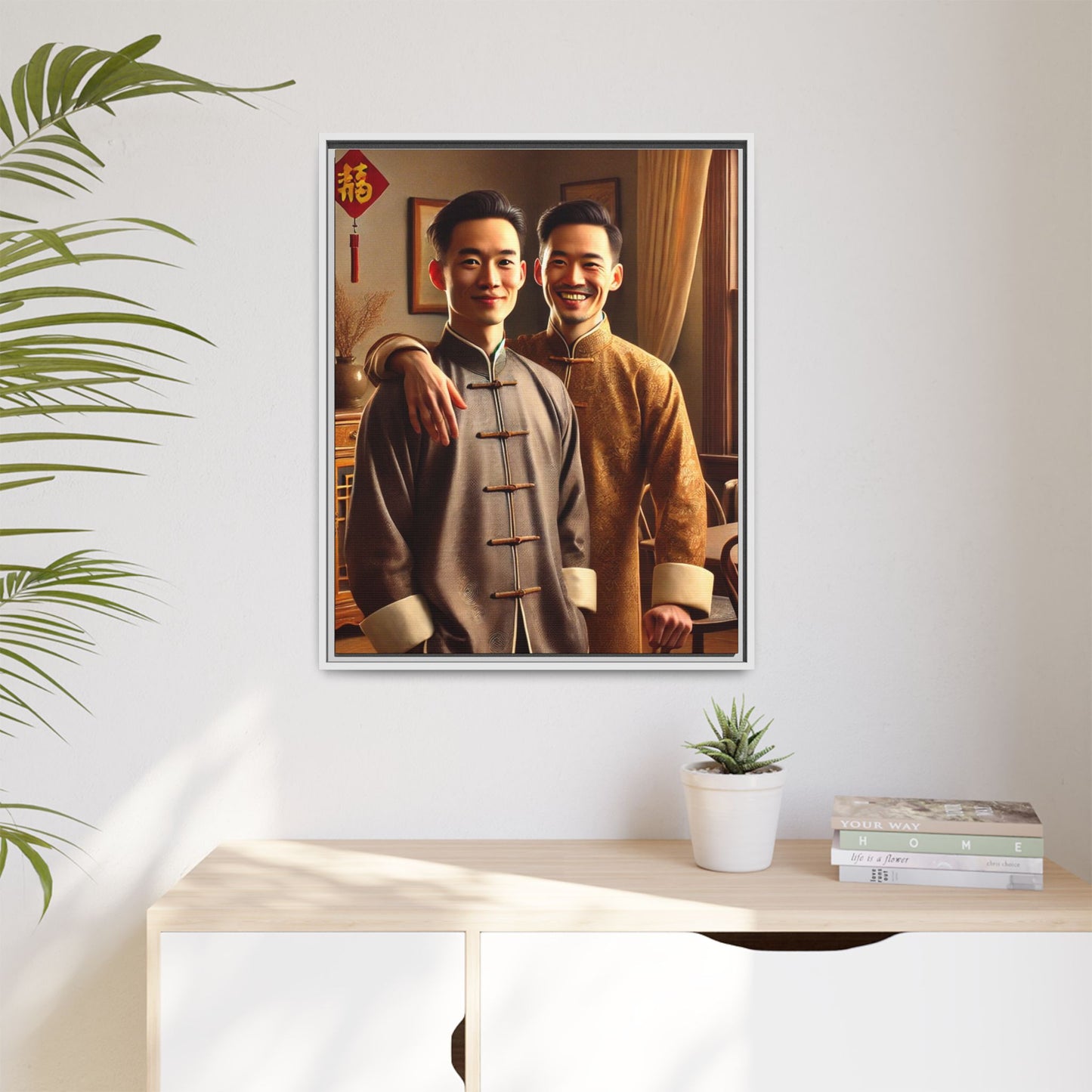 Artwork featuring a joyful portrait of a Chinese queer couple celebrating Chinese New Year in traditional attire. Set in a cozy American home adorned with subtle decorations, this image captures love, cultural pride, and warmth, blending Chinese heritage with a Midwestern setting