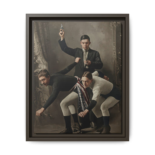 Restored historical skating photograph with starter’s pistol and draped American flag