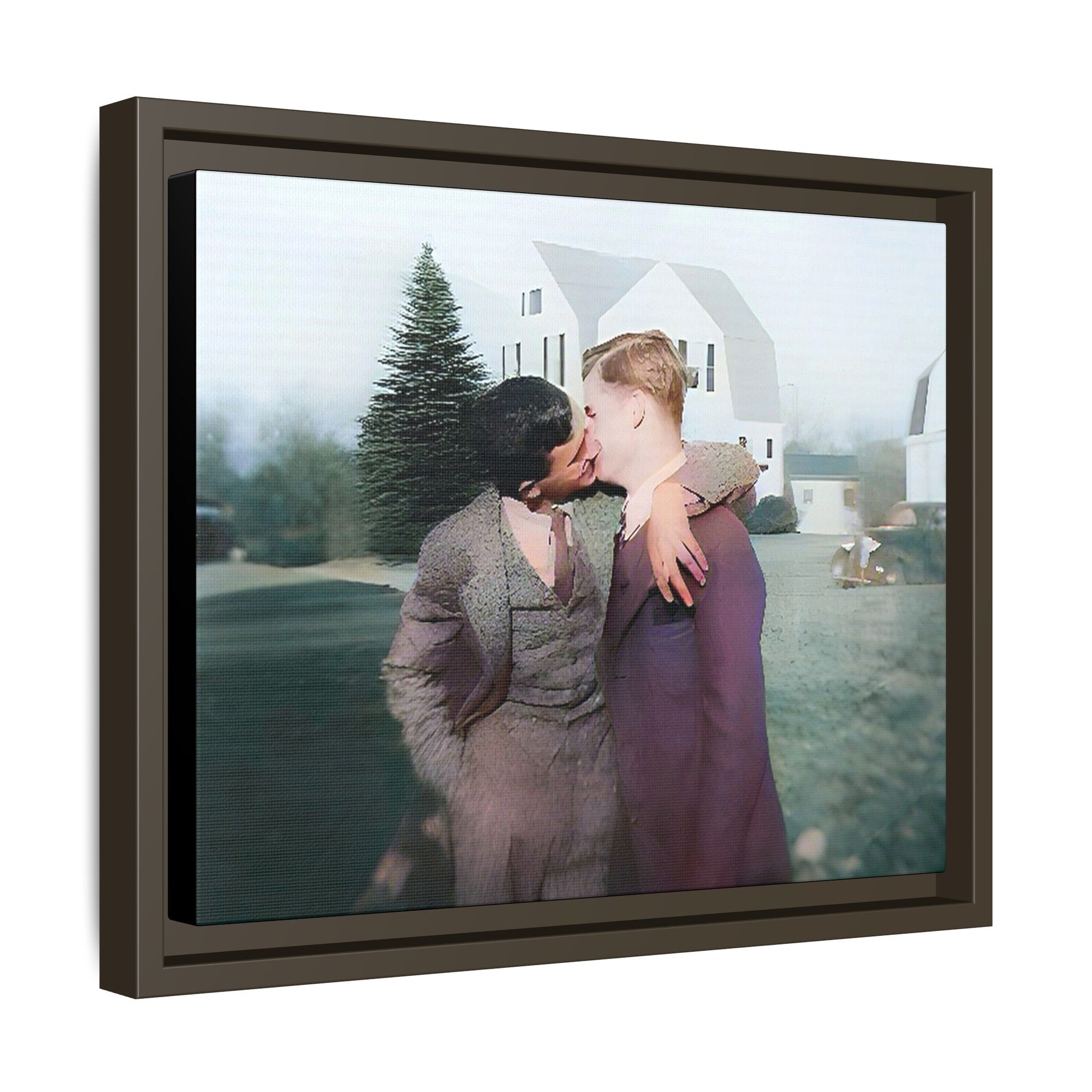 A vintage LGBTQ+ portrait of Milton & Shawn in Londonderry, NH. This framed matte canvas captures a timeless moment of love and resilience, making it a perfect piece for collectors, history enthusiasts, and those celebrating love in all forms. Gay Couple Art