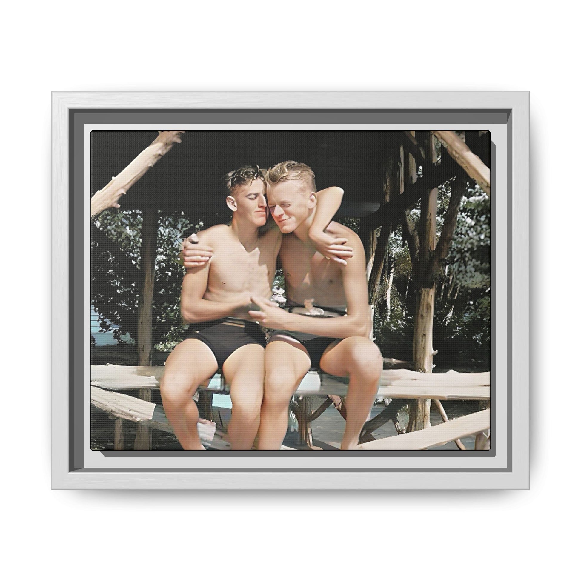 A vintage-inspired framed canvas print featuring Joseph and Billy at Kahena Beach, Hawaii. Their intimate moment under a sunlit pergola captures the warmth of love, freedom, and tropical serenity—perfect for coastal, LGBTQ+, and romantic home decor.