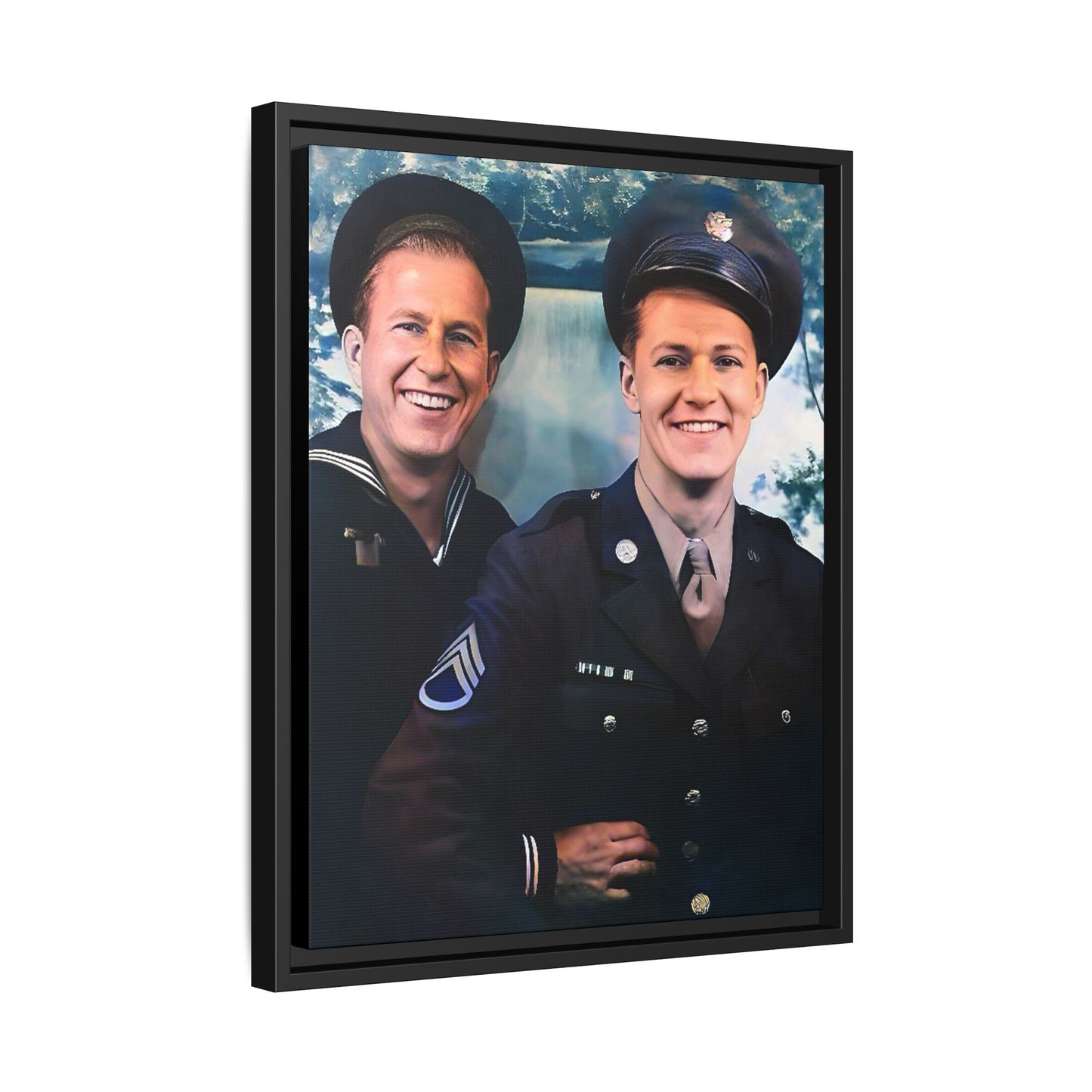 A framed vintage military portrait on matte canvas featuring a sailor and a soldier in Scapa Flow, Scotland, symbolizing service and camaraderie. Gay Couple