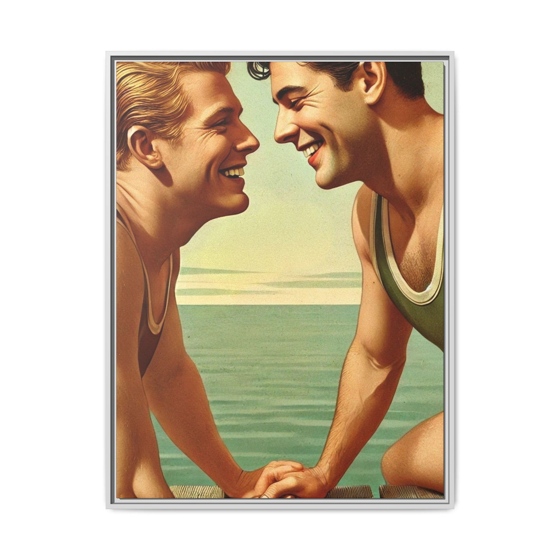Vintage-style artwork of a joyful 1930s moment between a gay couple by the lake, dressed in classic swimwear and sharing warm smiles. Set on a serene wooden dock, this piece captures love, companionship, and LGBTQ+ history in an idyllic, nostalgic summer setting.